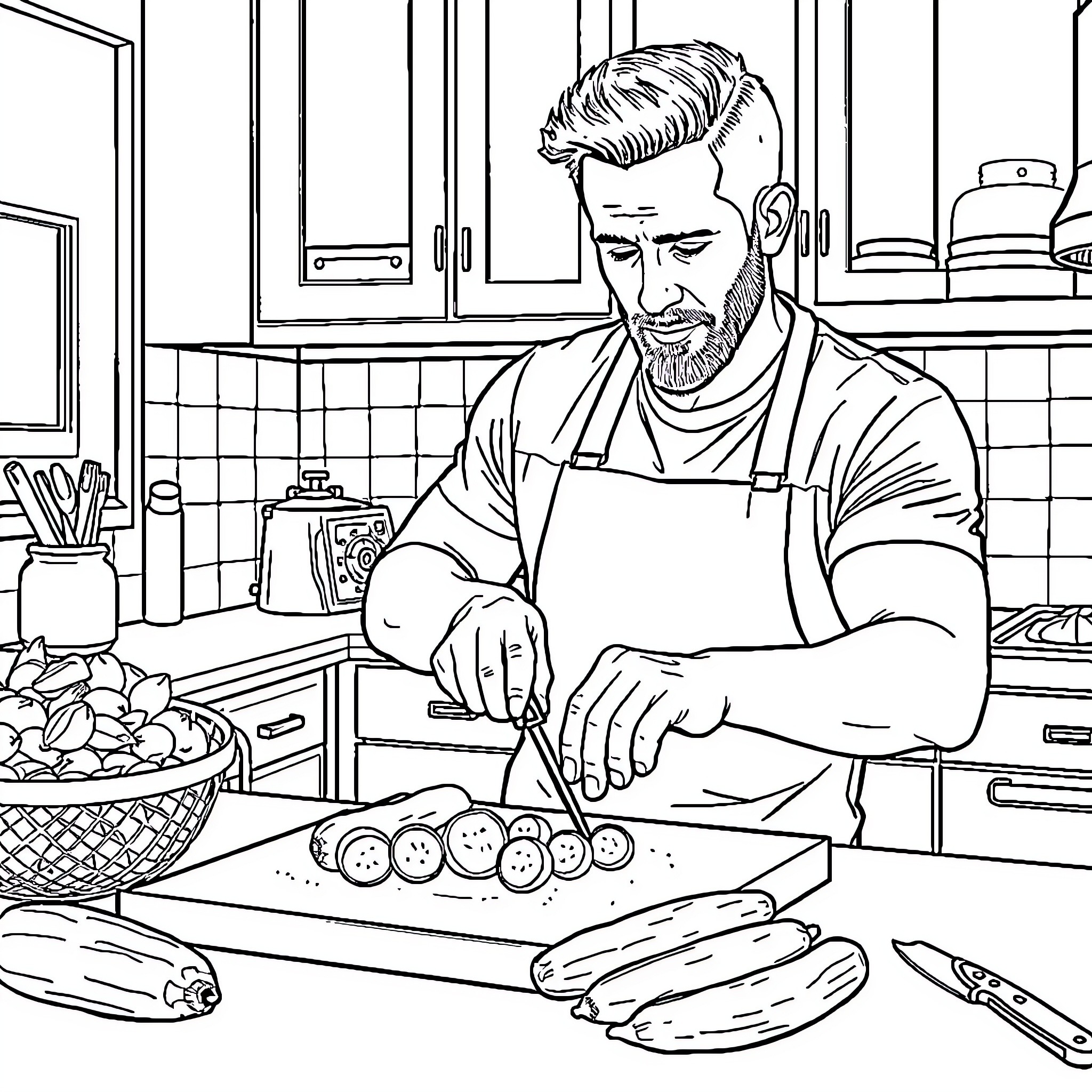 Ryan Reynolds Cooking Healthy Meal in the Kitchen Coloring Page (free black-and-white line drawing printable PDF for all, from beginners to advanced learners, including children, teens, adults, and seniors)