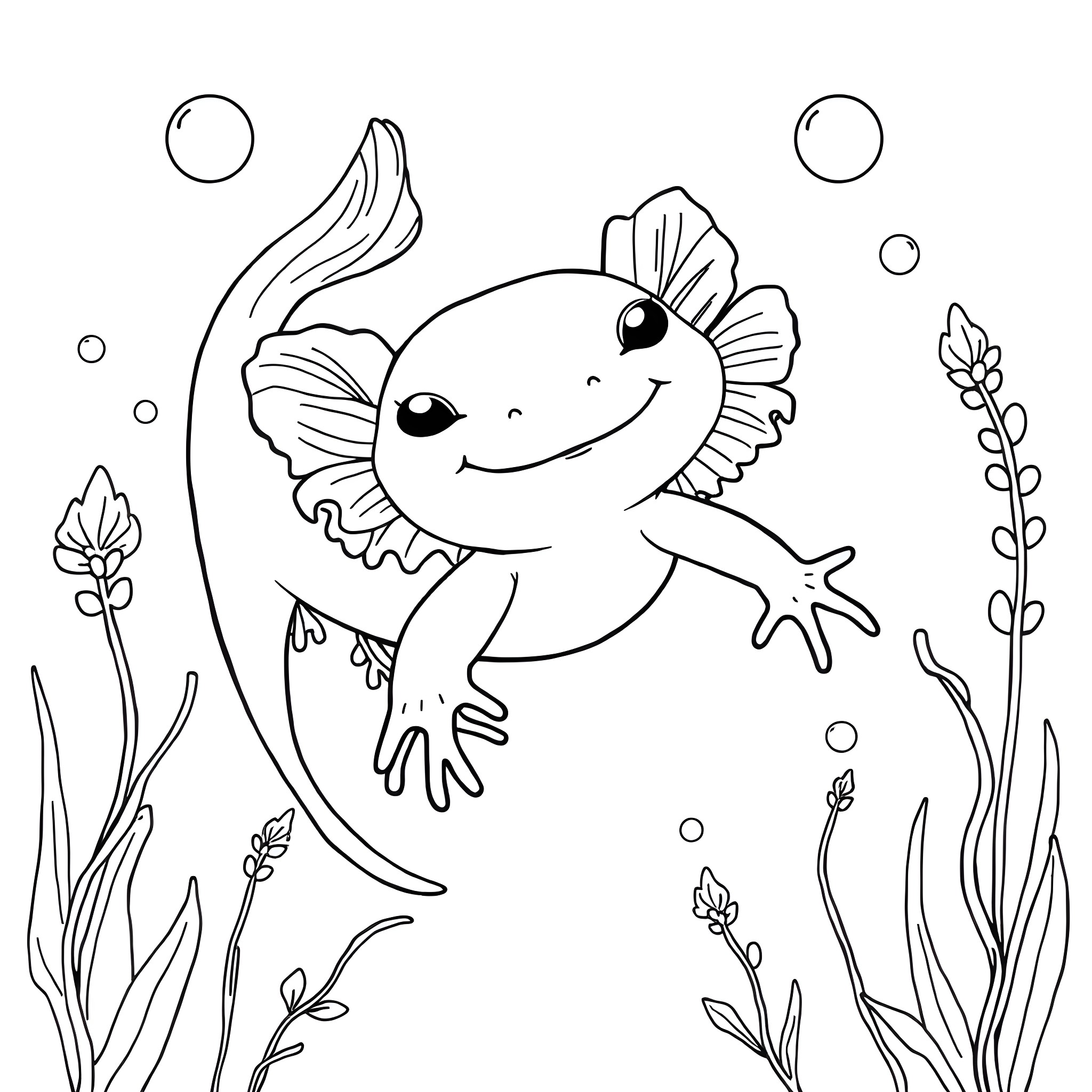Axolotl swimming happily in the aquatic environment Coloring Page (free black-and-white line drawing printable PDF for all, from beginners to advanced learners, including children, teens, adults, and seniors)
