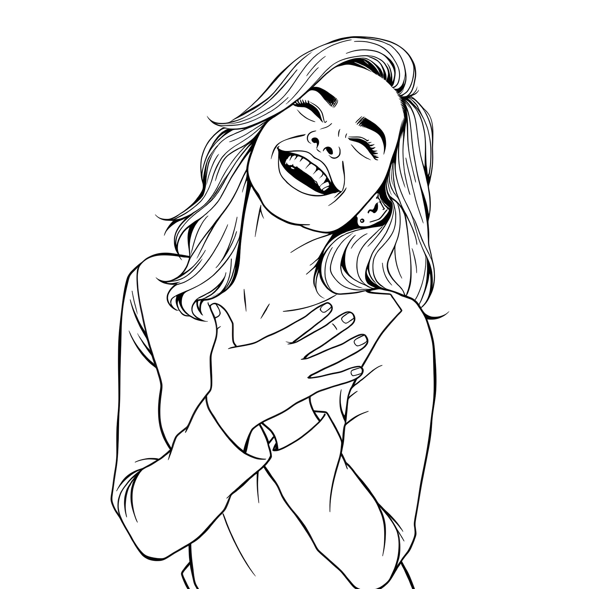 Woman Laughing and Embracing Herself Coloring Page (free black-and-white line drawing printable PDF for all, from beginners to advanced learners, including children, teens, adults, and seniors)