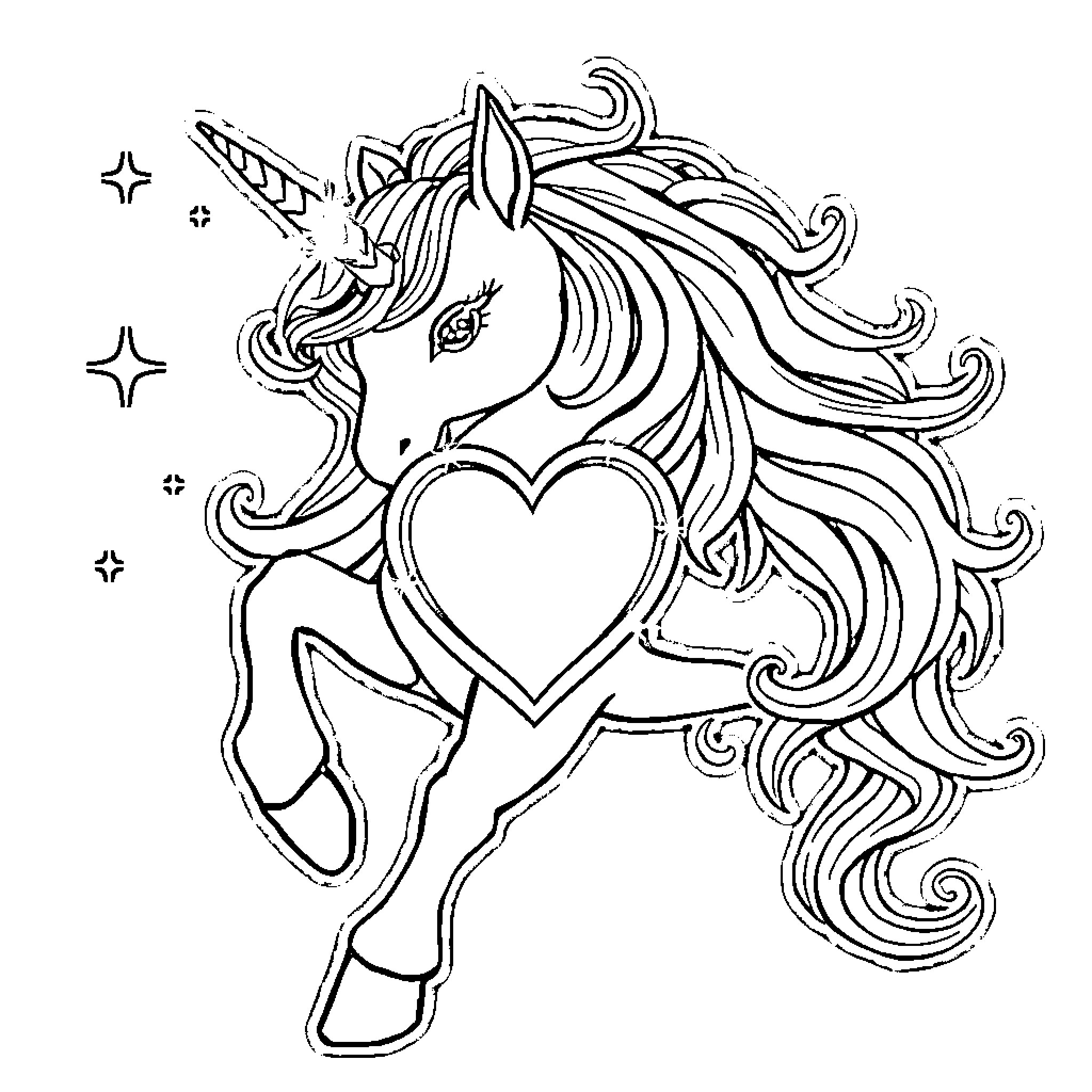 Unicorn with a Heart-Shaped Emblem Surrounded by Stars Coloring Page (free black-and-white line drawing printable PDF for all, from beginners to advanced learners, including children, teens, adults, and seniors)