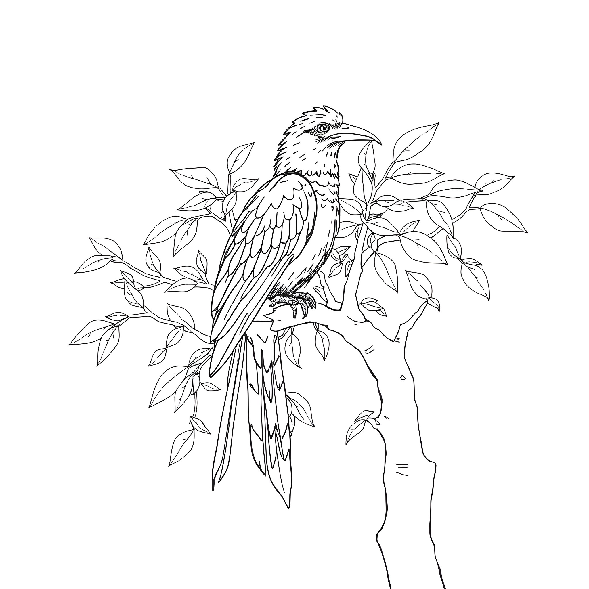 Eudocimus: Curious Avian Perched Amidst Lush Foliage Coloring Page (free black-and-white line drawing printable PDF for all, from beginners to advanced learners, including children, teens, adults, and seniors)