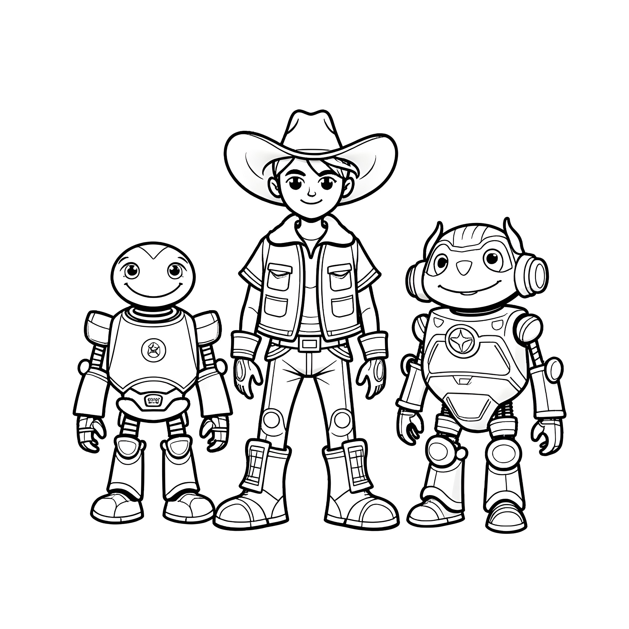 Rex Dangervest and his robot companions on an adventure Coloring Page (free black-and-white line drawing printable PDF for all, from beginners to advanced learners, including children, teens, adults, and seniors)