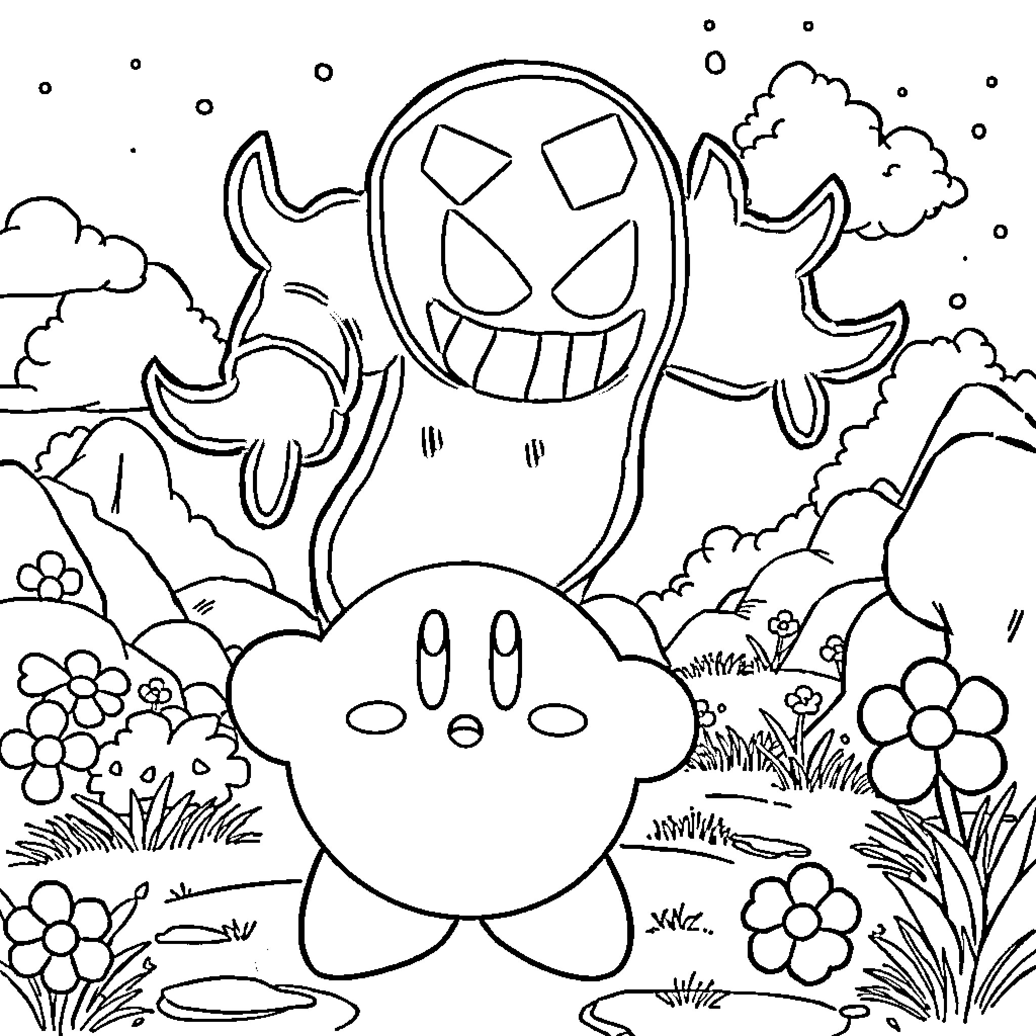 Kirby's Spooky Adventure in the Enchanted Forest Coloring Page (free black-and-white line drawing printable PDF for all, from beginners to advanced learners, including children, teens, adults, and seniors)