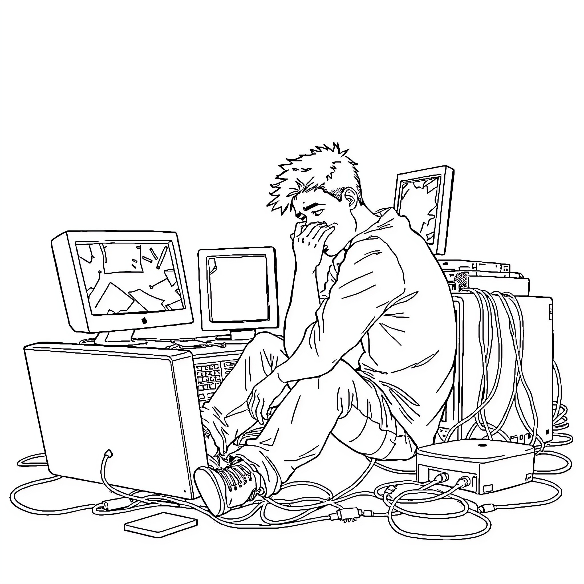 Man surrounded by computer equipment and devices Coloring Page (free black-and-white line drawing printable PDF for all, from beginners to advanced learners, including children, teens, adults, and seniors)