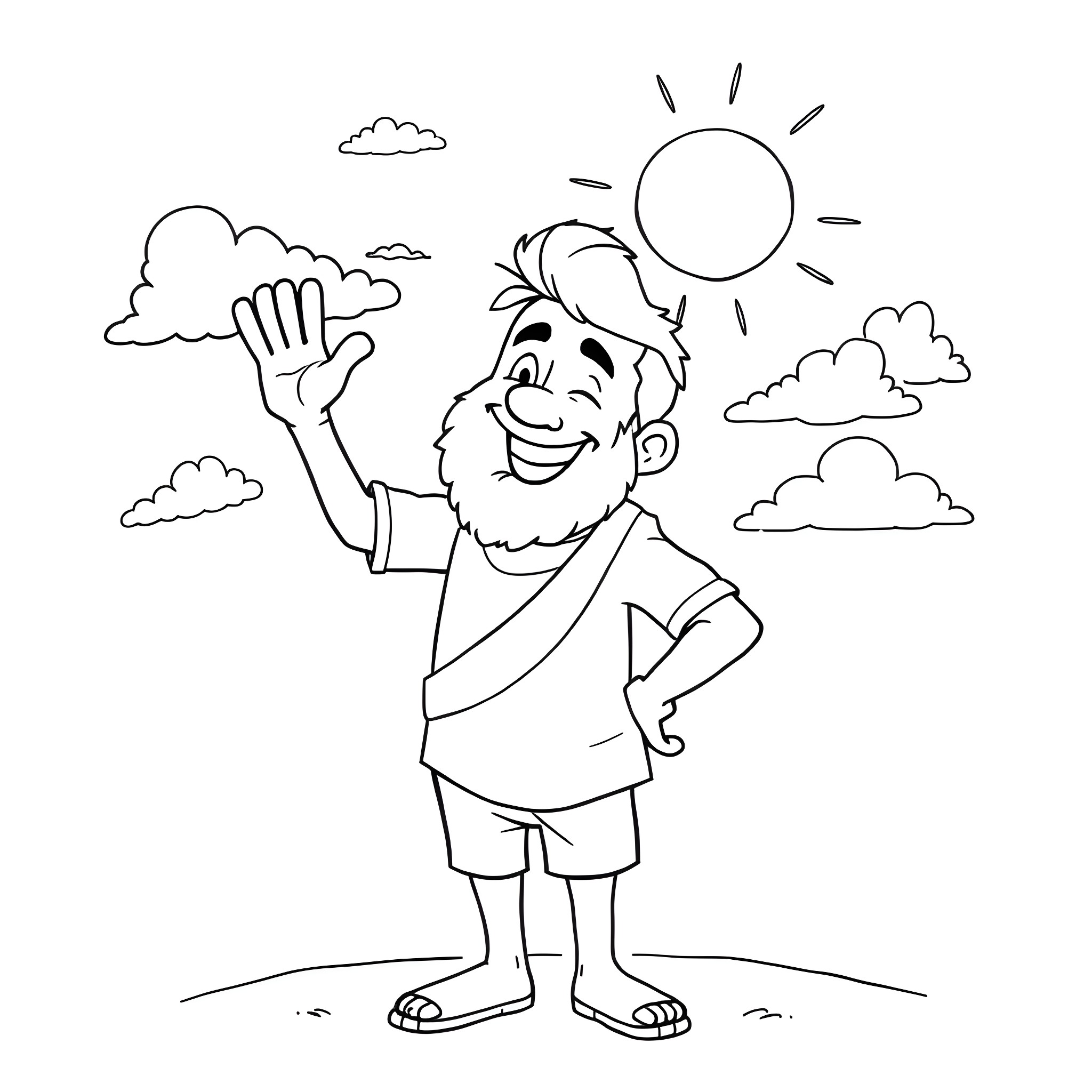 Jonah Waving Happily Under the Sunny Sky Coloring Page (free black-and-white line drawing printable PDF for all, from beginners to advanced learners, including children, teens, adults, and seniors)