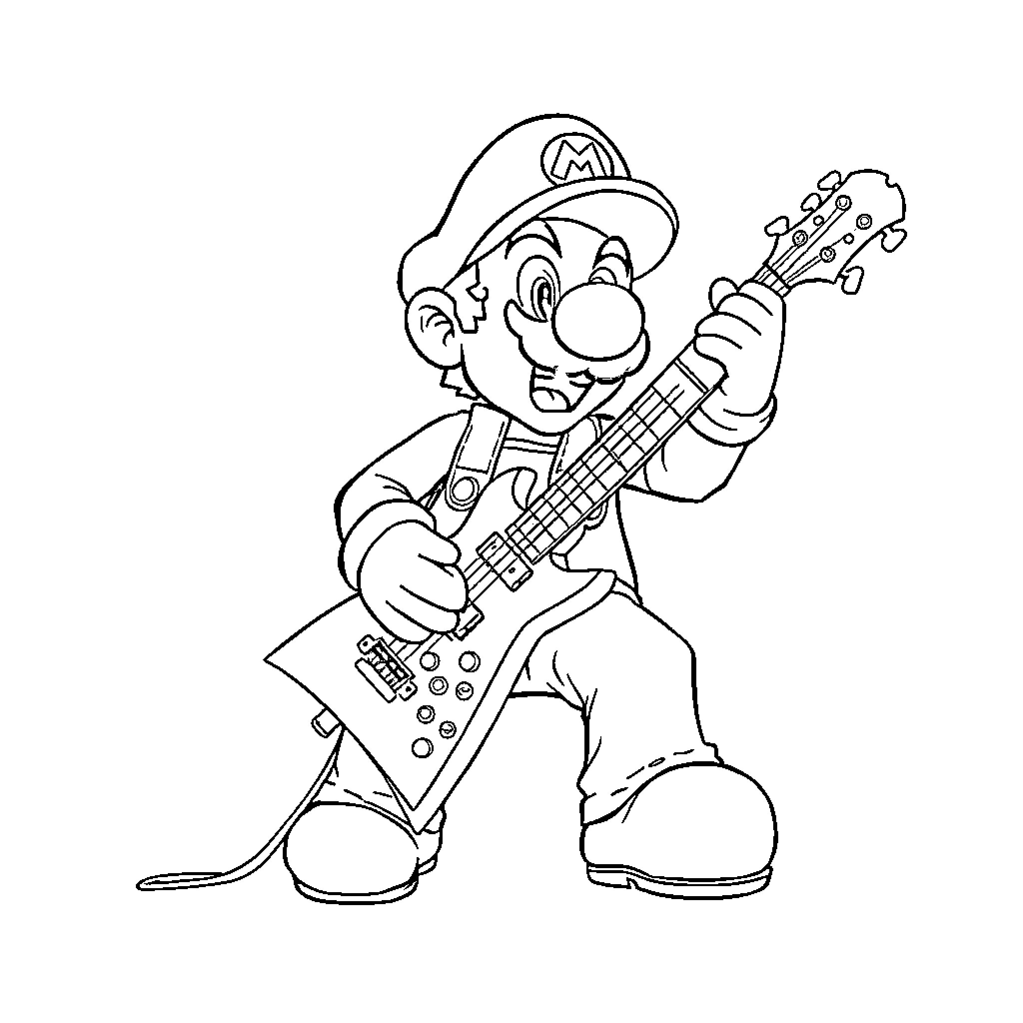 Super Mario playing electric guitar with joy Coloring Page (free black-and-white line drawing printable PDF for all, from beginners to advanced learners, including children, teens, adults, and seniors)
