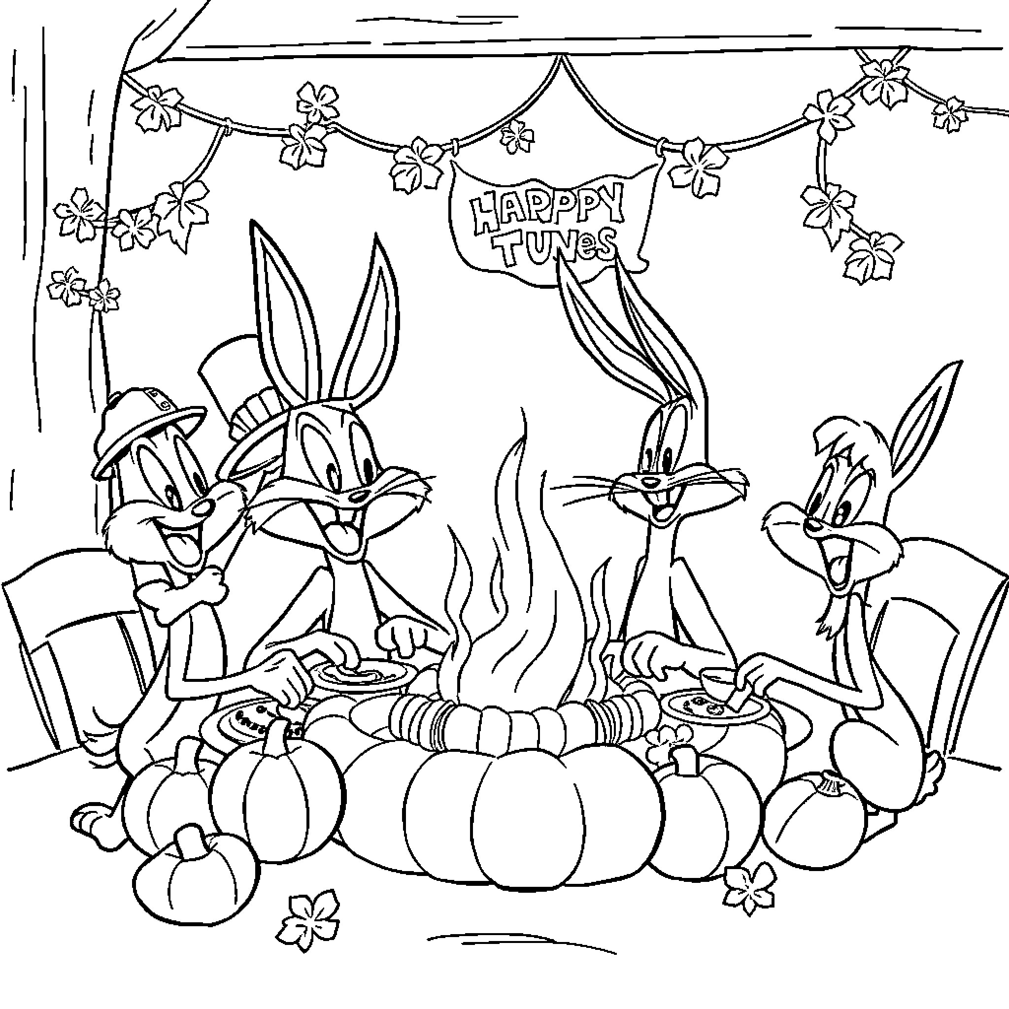 Thanksgiving Celebration with Cartoon Rabbits Coloring Page (free black-and-white line drawing printable PDF for all, from beginners to advanced learners, including children, teens, adults, and seniors)