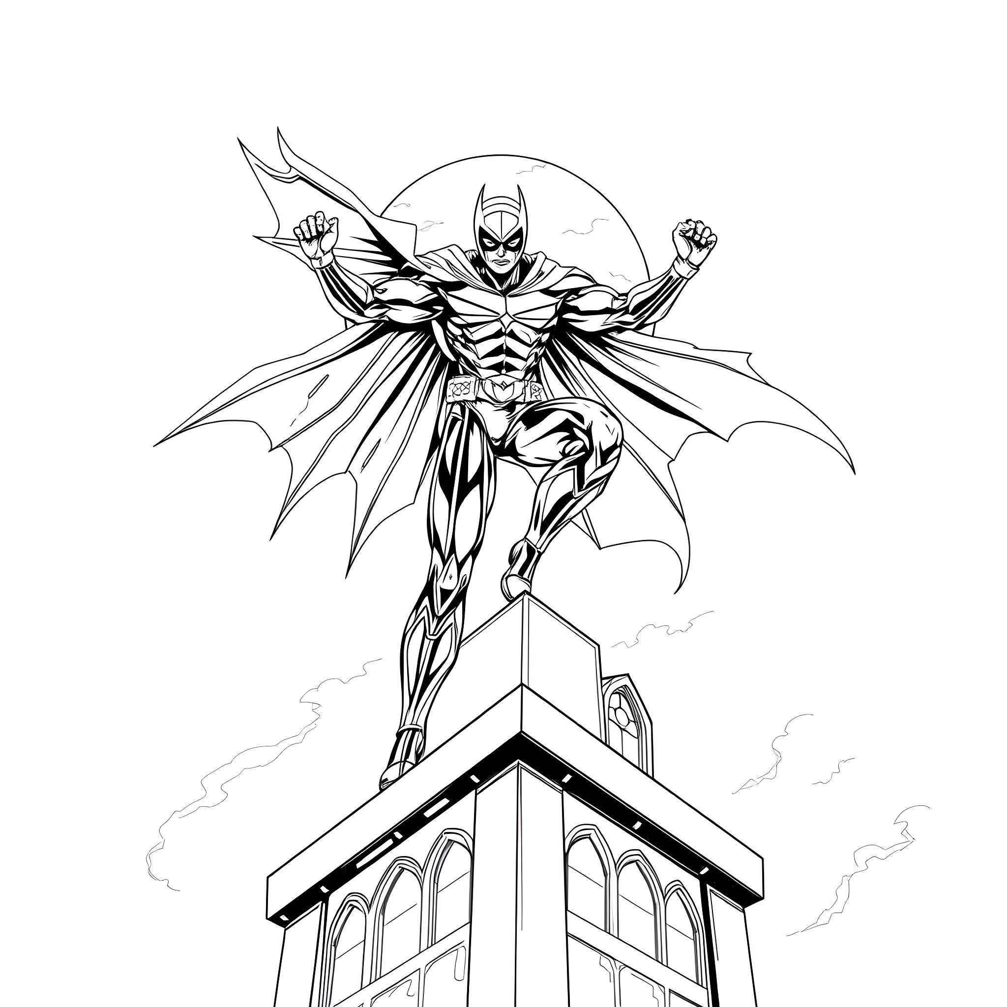Moonwing heroic defender on a city skyline Coloring Page (free black-and-white line drawing printable PDF for all, from beginners to advanced learners, including children, teens, adults, and seniors)