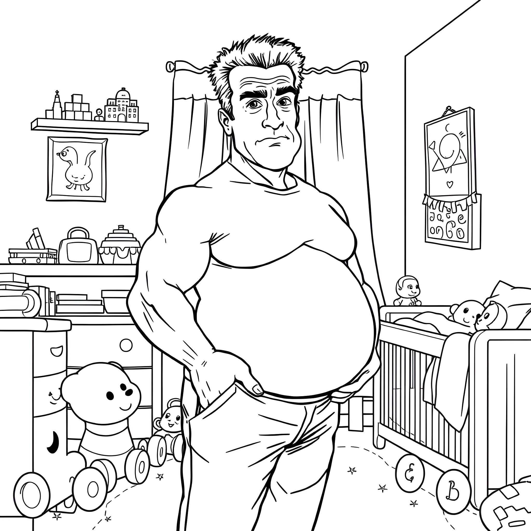 Arnold Schwarzenegger's muscular appearance in a nursery setting Coloring Page (free black-and-white line drawing printable PDF for all, from beginners to advanced learners, including children, teens, adults, and seniors)