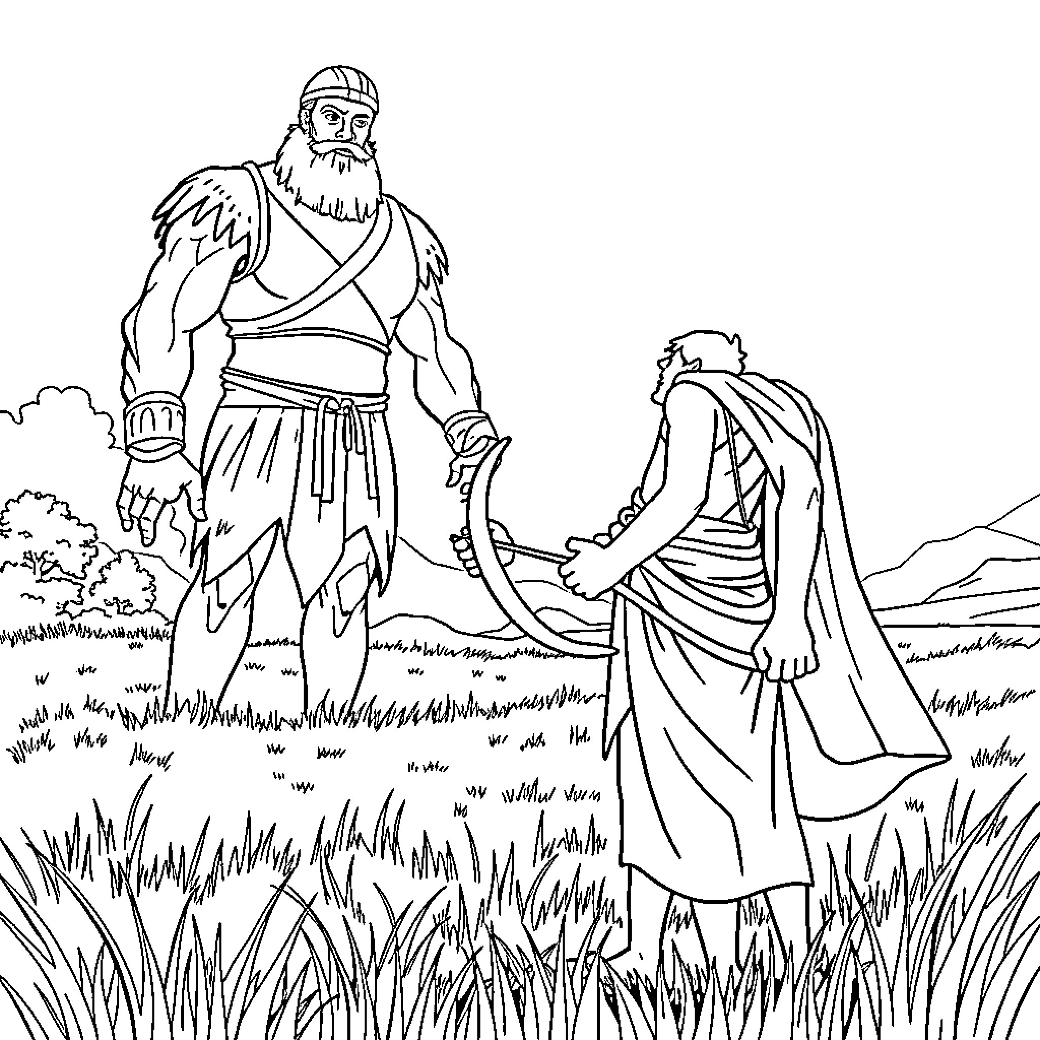 David meets a mysterious stranger in the wilderness Coloring Page (free black-and-white line drawing printable PDF for all, from beginners to advanced learners, including children, teens, adults, and seniors)