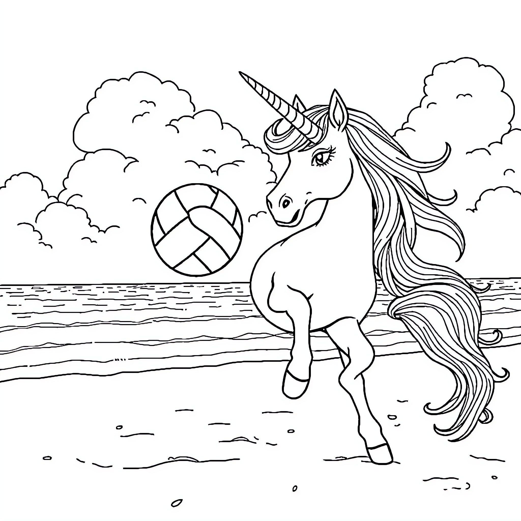Unicorn playing on the beach with a volleyball Coloring Page (free black-and-white line drawing printable PDF for all, from beginners to advanced learners, including children, teens, adults, and seniors)