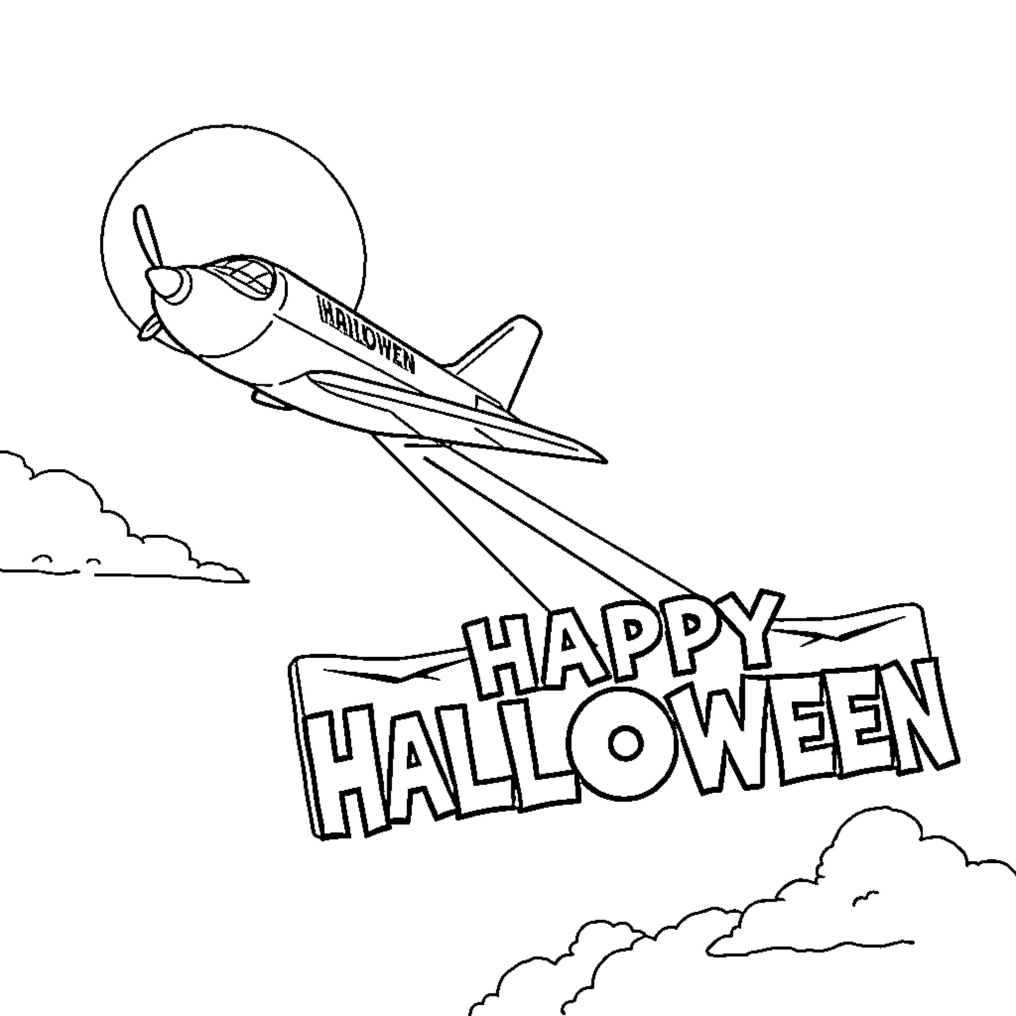 Airplane flying through clouds on Halloween Coloring Page (free black-and-white line drawing printable PDF for all, from beginners to advanced learners, including children, teens, adults, and seniors)