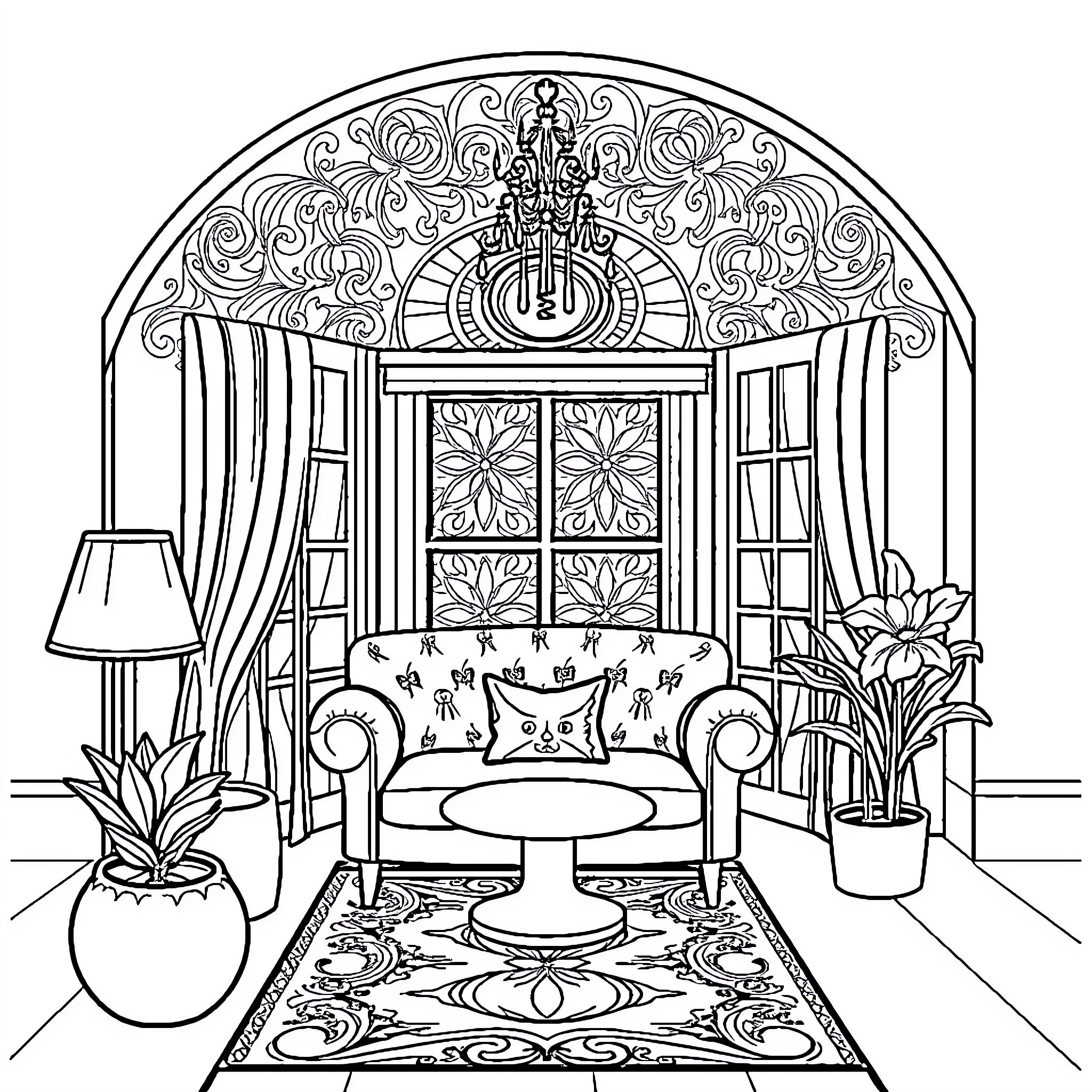 Colorful Ornamental Interior Design Coloring Page (free black-and-white line drawing printable PDF for all, from beginners to advanced learners, including children, teens, adults, and seniors)