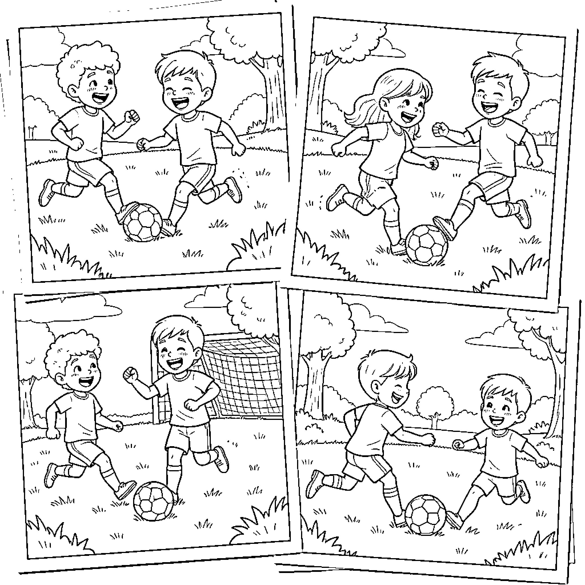Kid playing soccer joyfully with friends in a field Coloring Page (free black-and-white line drawing printable PDF for all, from beginners to advanced learners, including children, teens, adults, and seniors)