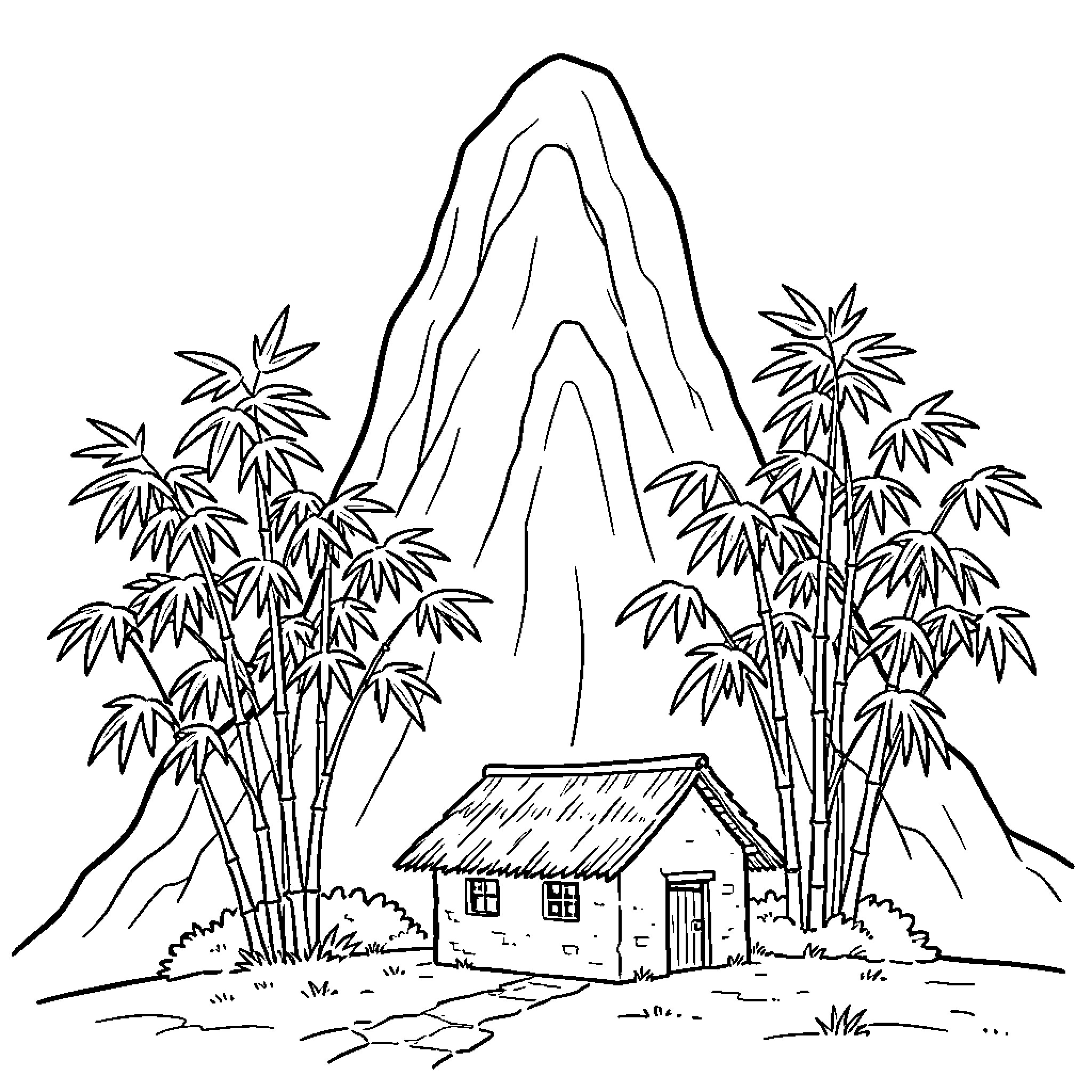 Mountain landscape with a small hut and bamboo Coloring Page (free black-and-white line drawing printable PDF for all, from beginners to advanced learners, including children, teens, adults, and seniors)