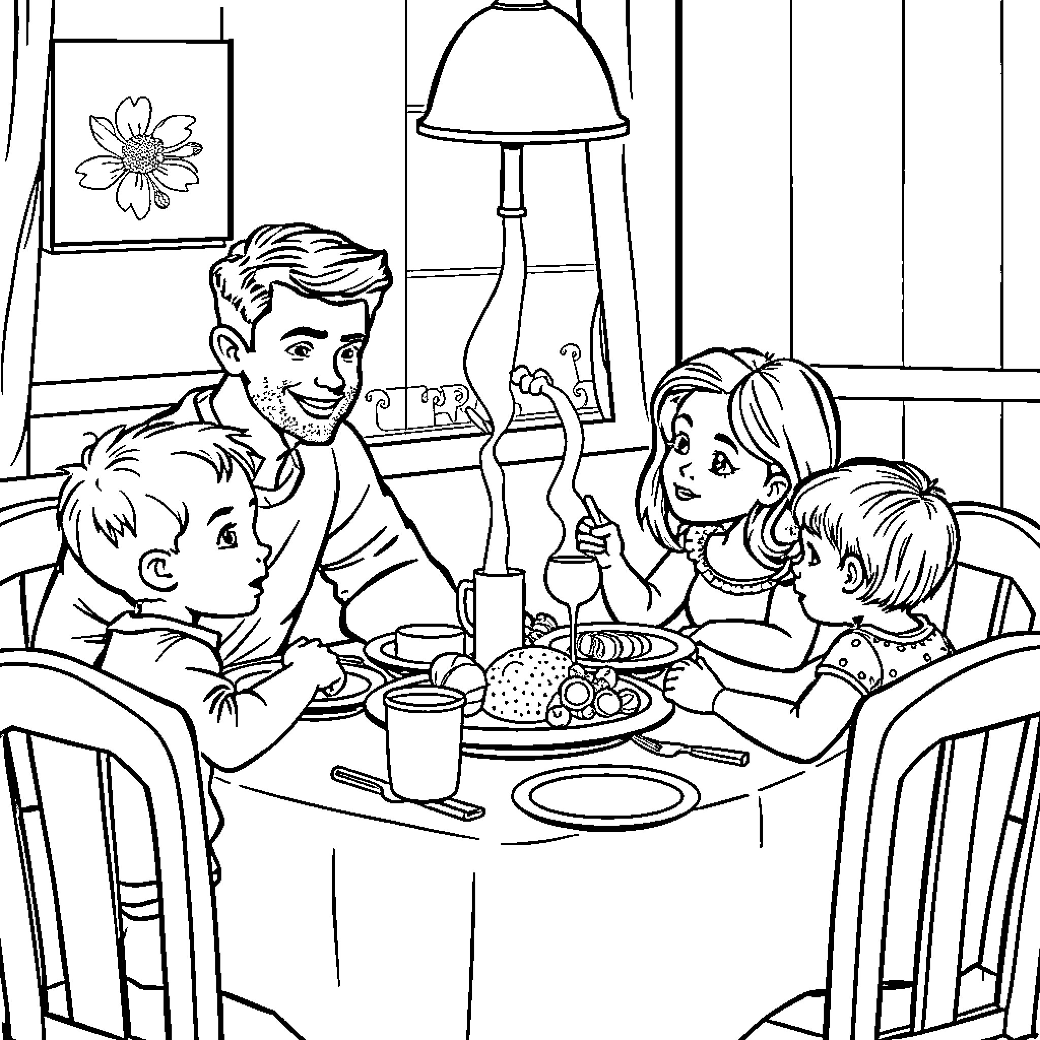 Family Dining Together in Cozy Home Coloring Page (free black-and-white line drawing printable PDF for all, from beginners to advanced learners, including children, teens, adults, and seniors)
