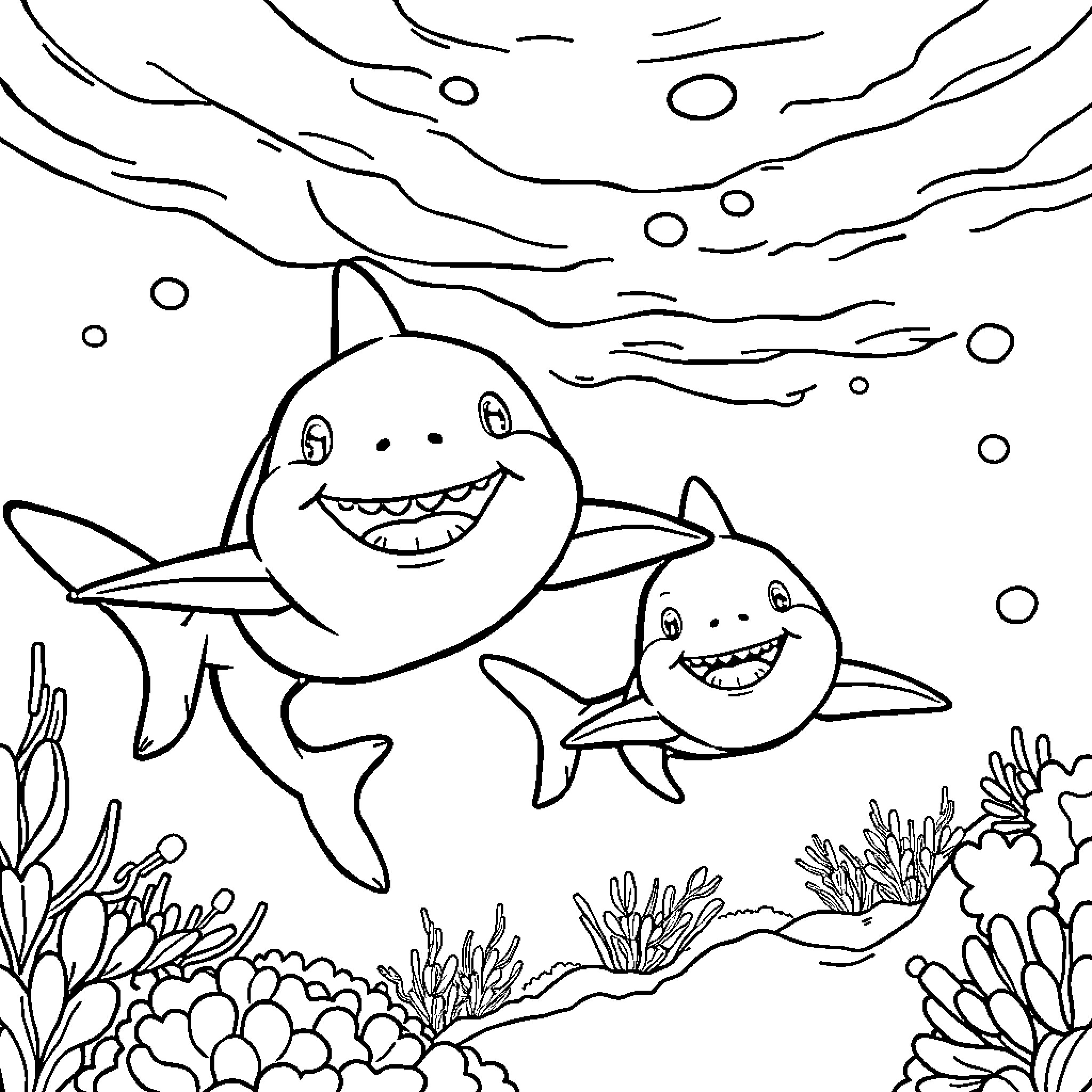 Sharks swimming happily in the underwater scene Coloring Page (free black-and-white line drawing printable PDF for all, from beginners to advanced learners, including children, teens, adults, and seniors)