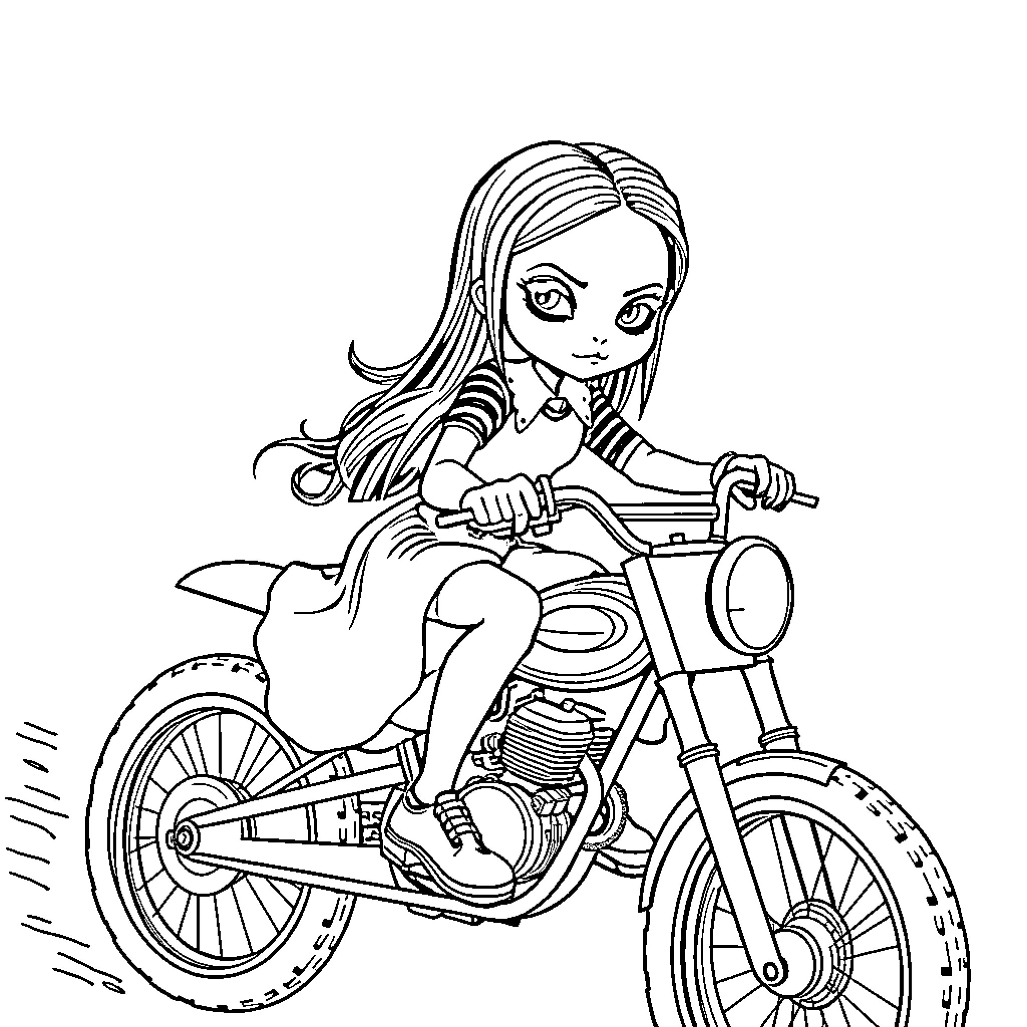 Wednesday's Fearless Motorcycle Ride Coloring Page (free black-and-white line drawing printable PDF for all, from beginners to advanced learners, including children, teens, adults, and seniors)