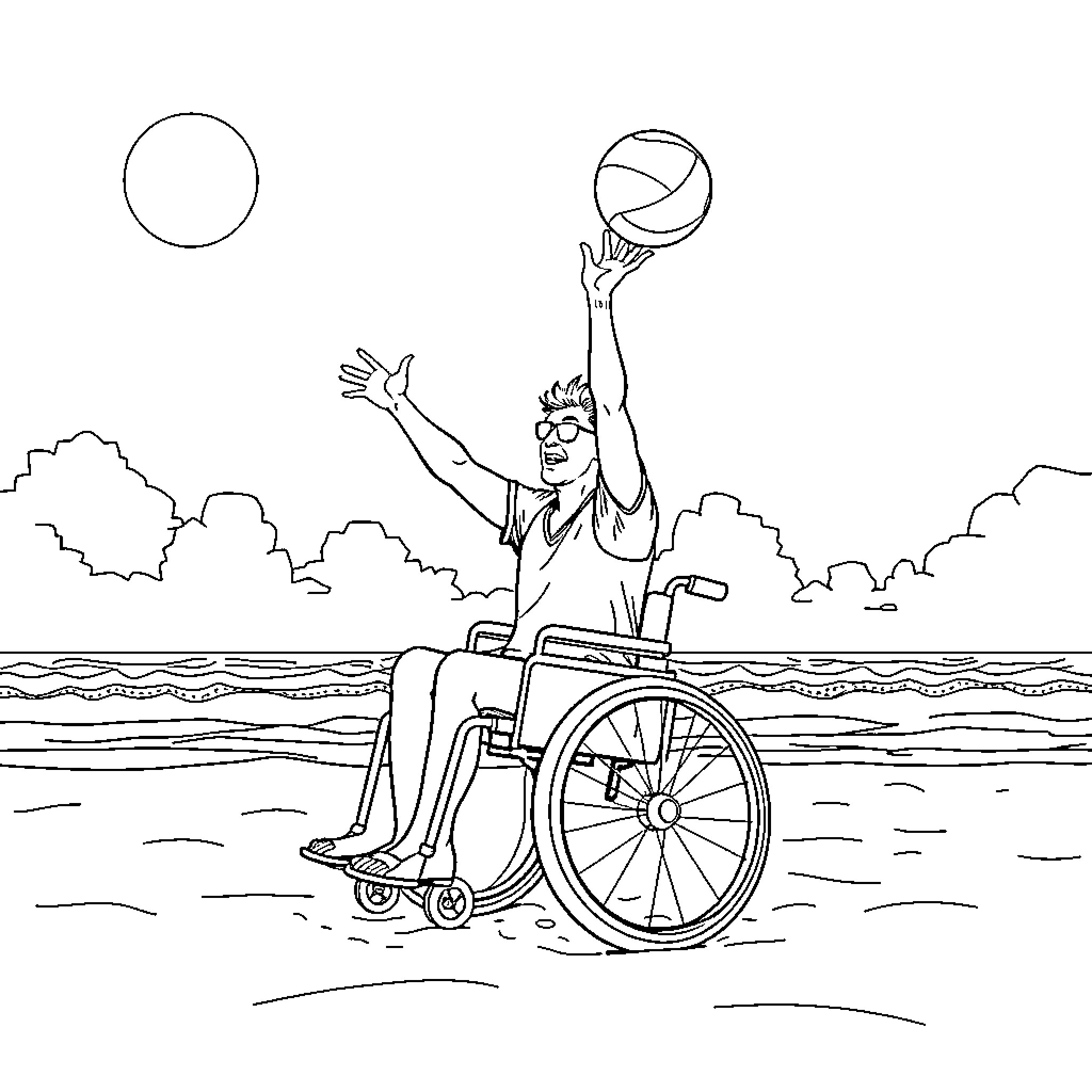 Wheelchair User Enjoying Beach Activities Coloring Page (free black-and-white line drawing printable PDF for all, from beginners to advanced learners, including children, teens, adults, and seniors)