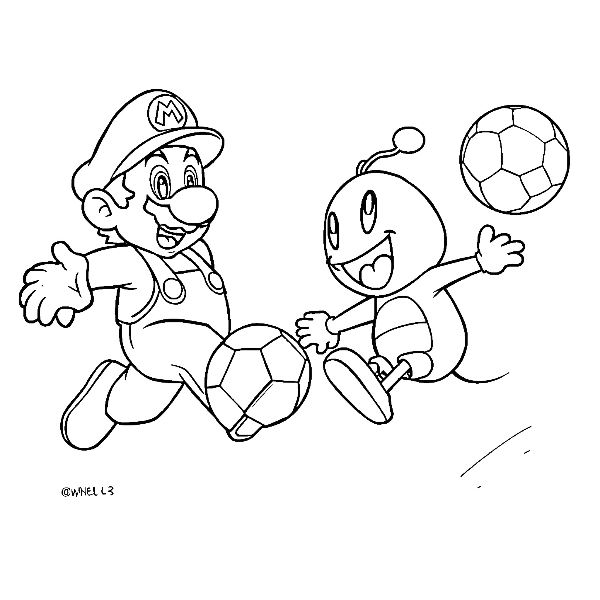 Super Mario Playing Soccer with Boo Coloring Page (free black-and-white line drawing printable PDF for all, from beginners to advanced learners, including children, teens, adults, and seniors)