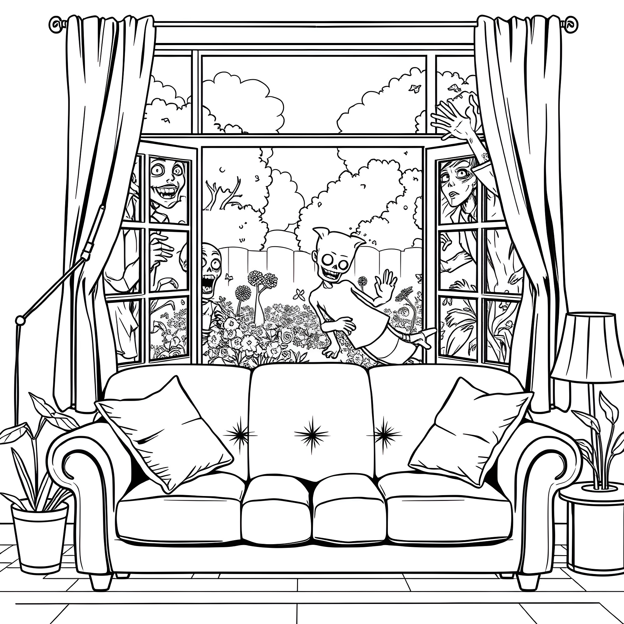 Zombie horror scene through window Coloring Page (free black-and-white line drawing printable PDF for all, from beginners to advanced learners, including children, teens, adults, and seniors)