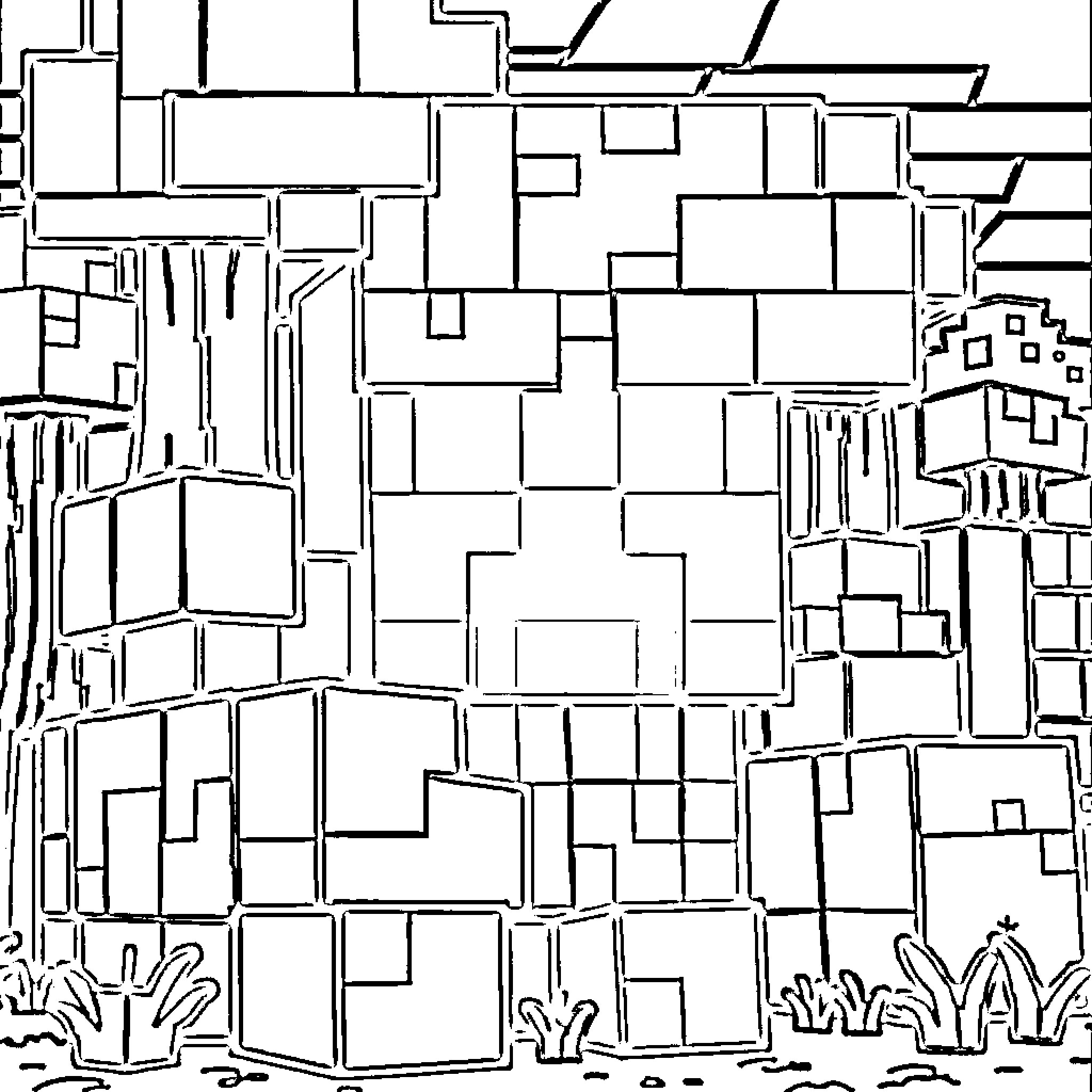 Minecraft Geometric Landscape with Blocks and Nature Coloring Page (free black-and-white line drawing printable PDF for all, from beginners to advanced learners, including children, teens, adults, and seniors)