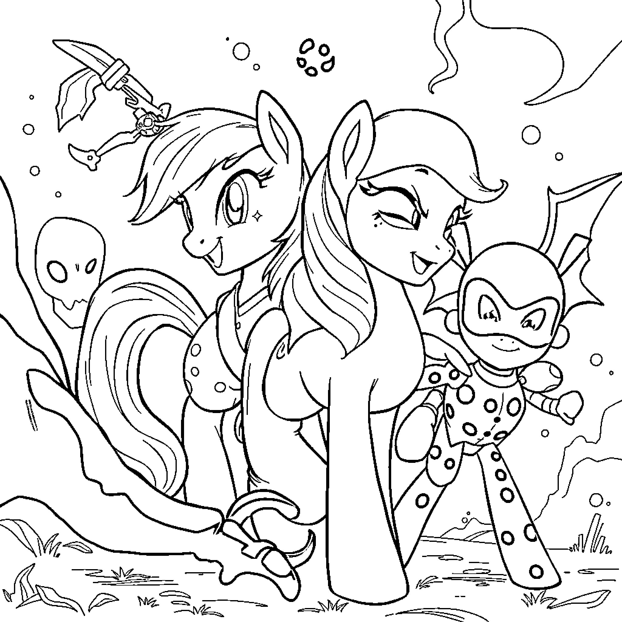 Pony companions enjoying an underwater adventure Coloring Page (free black-and-white line drawing printable PDF for all, from beginners to advanced learners, including children, teens, adults, and seniors)