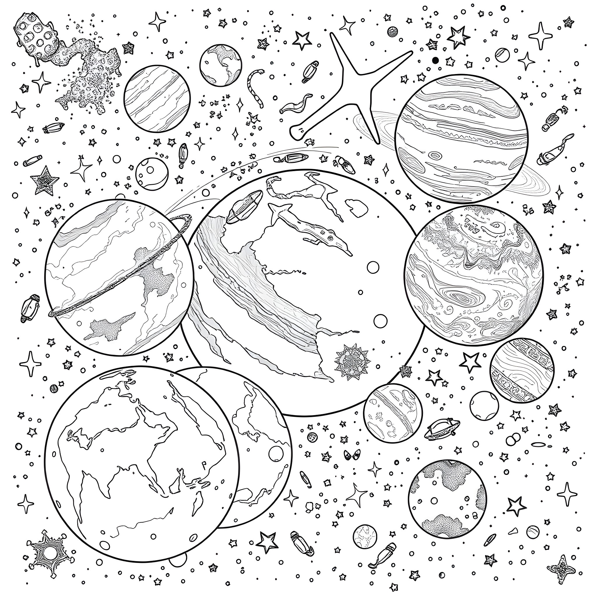 Planet Doodle Cosmic Scene Coloring Page (free black-and-white line drawing printable PDF for all, from beginners to advanced learners, including children, teens, adults, and seniors)