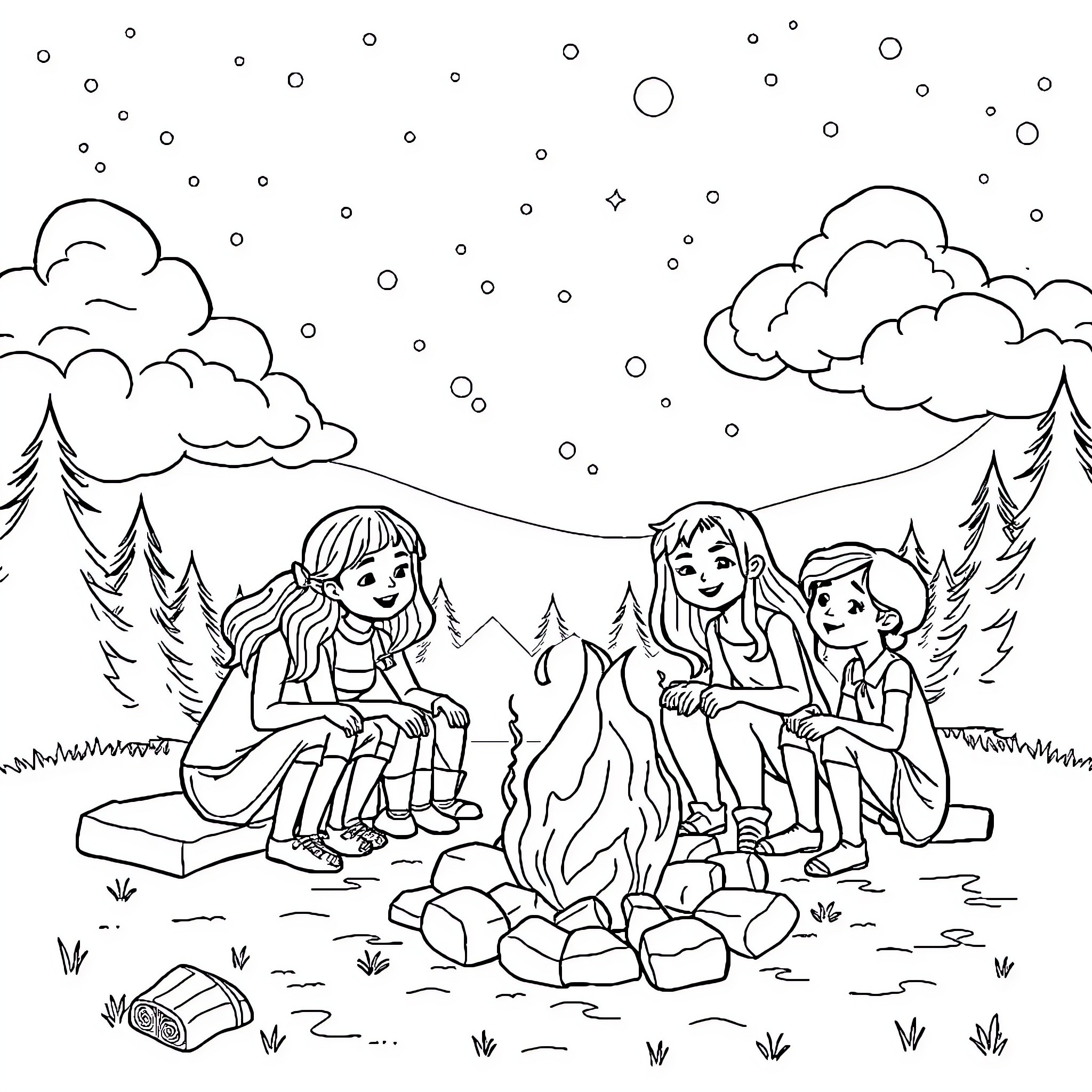 Filles enjoying a campfire in the wilderness Coloring Page (free black-and-white line drawing printable PDF for all, from beginners to advanced learners, including children, teens, adults, and seniors)