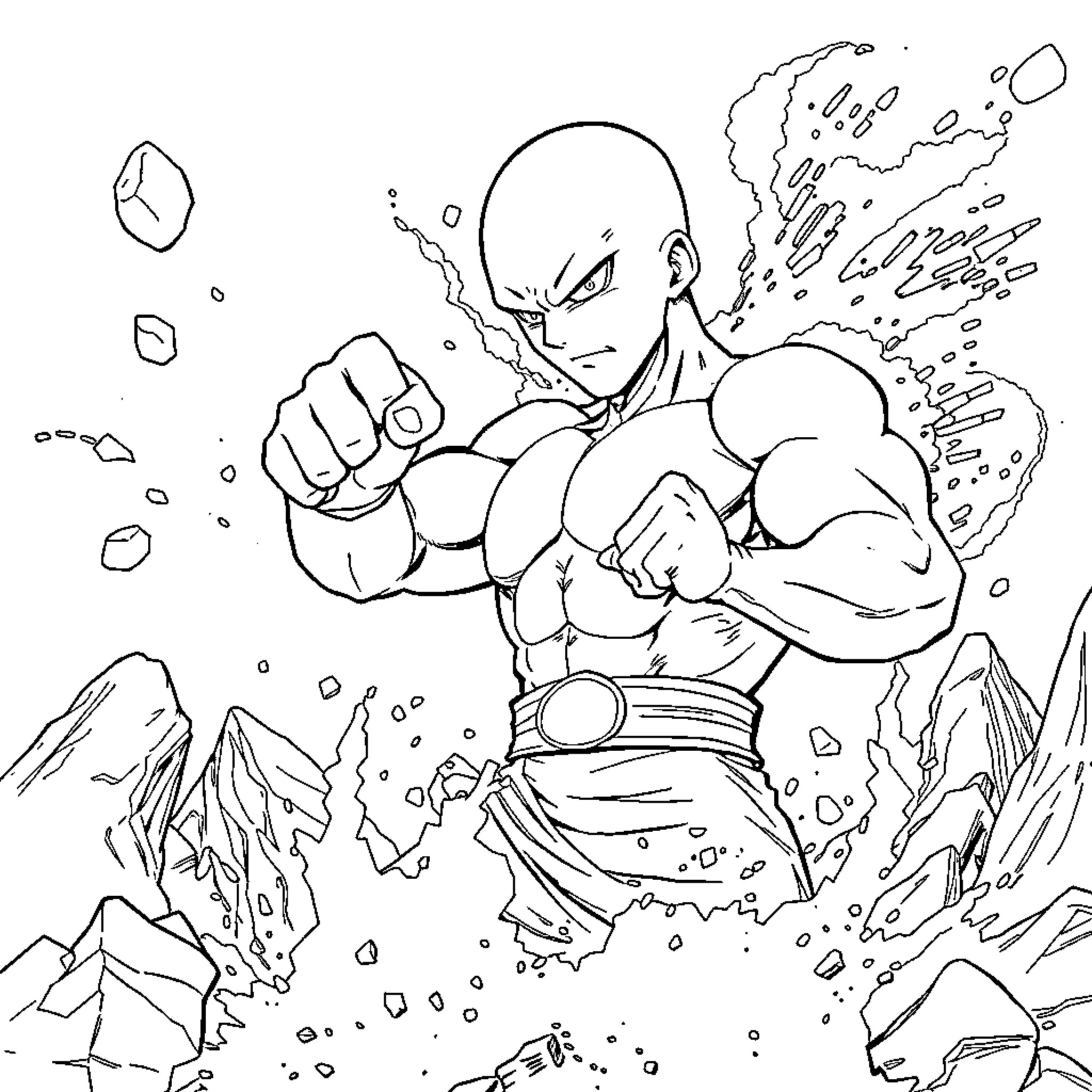 Saitama's Powerful Punch in an Intense Scene Coloring Page (free black-and-white line drawing printable PDF for all, from beginners to advanced learners, including children, teens, adults, and seniors)