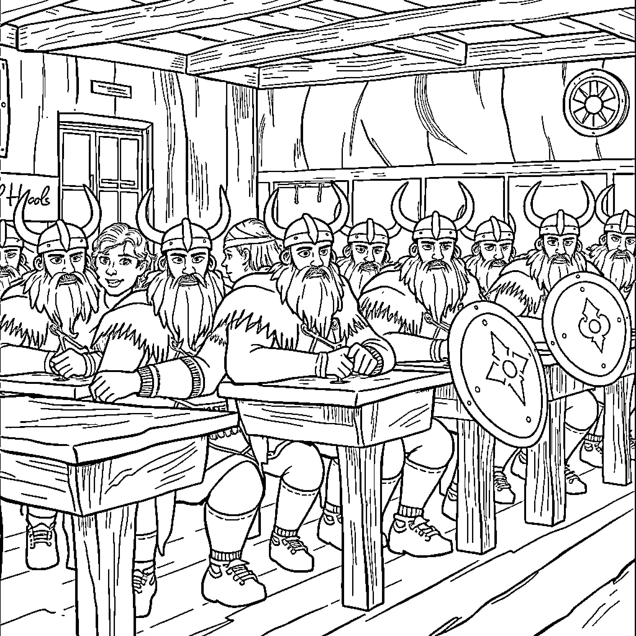 Viking warriors in council meeting Coloring Page (free black-and-white line drawing printable PDF for all, from beginners to advanced learners, including children, teens, adults, and seniors)