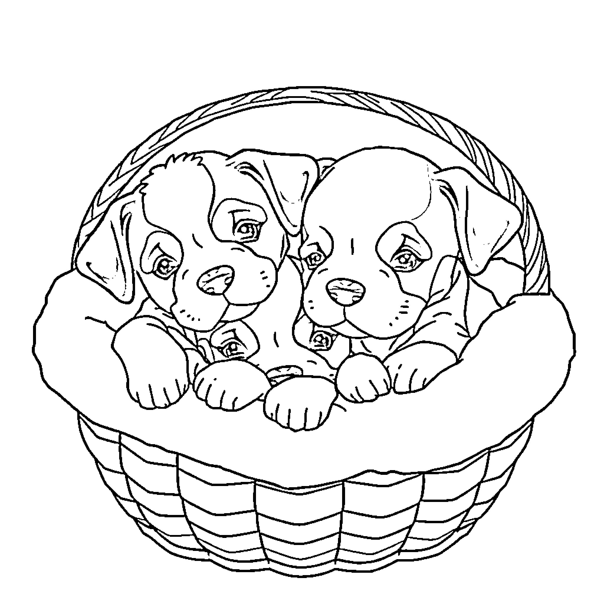 Puppy pals cuddling in a woven basket Coloring Page (free black-and-white line drawing printable PDF for all, from beginners to advanced learners, including children, teens, adults, and seniors)