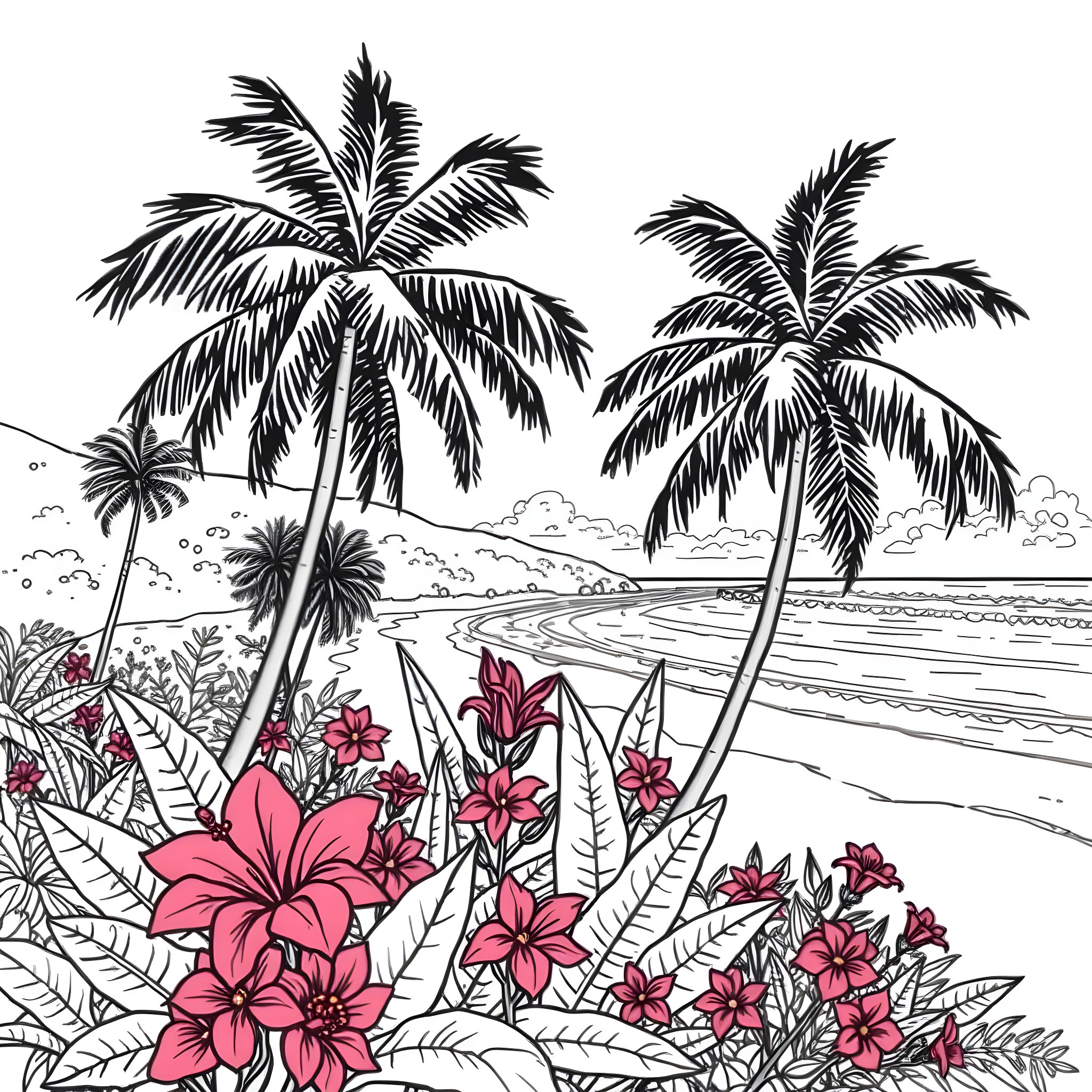 Ruby Chan's floral paradise on a tropical beach Coloring Page (free black-and-white line drawing printable PDF for all, from beginners to advanced learners, including children, teens, adults, and seniors)