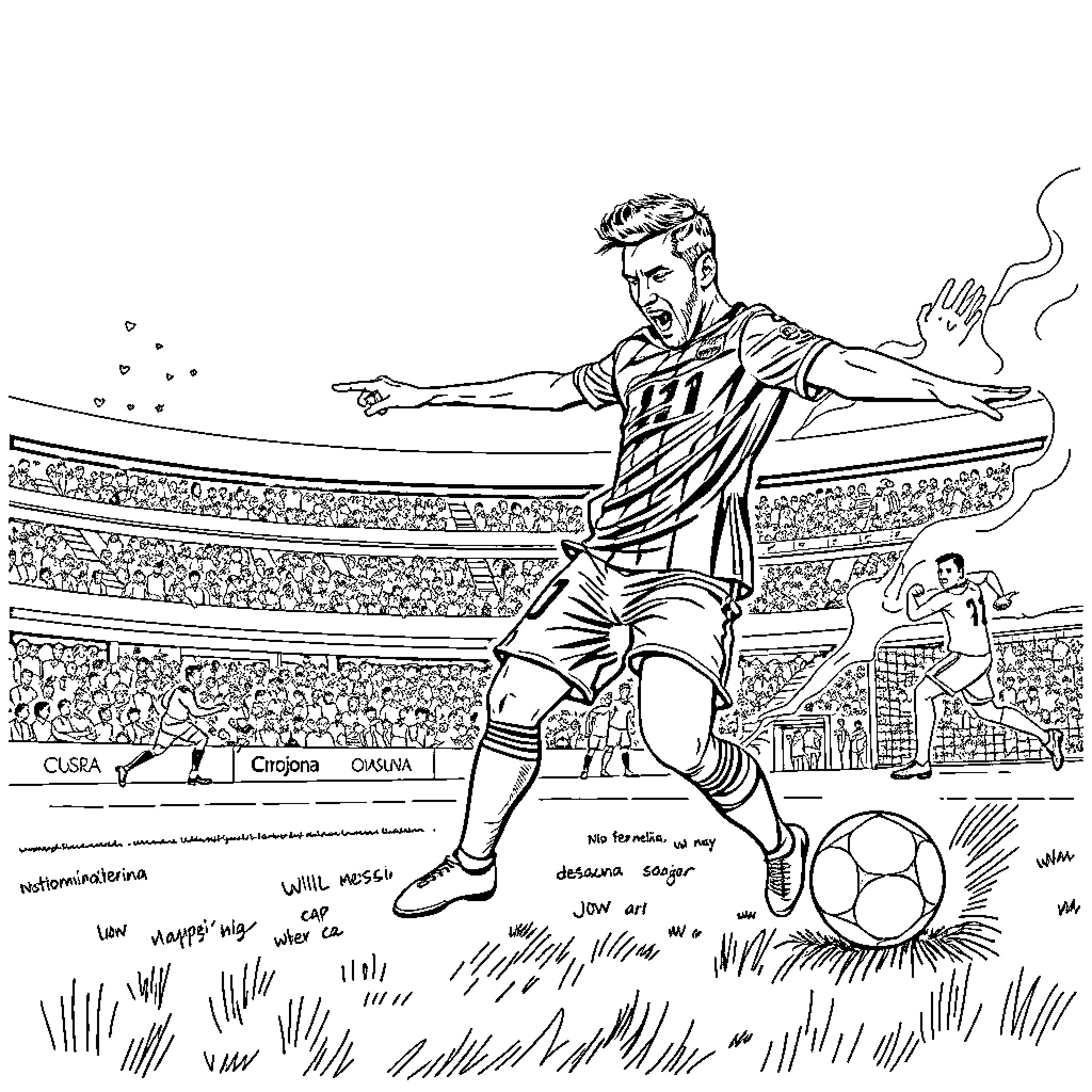 Messi Celebrates Scoring a Goal on the Soccer Field Coloring Page (free black-and-white line drawing printable PDF for all, from beginners to advanced learners, including children, teens, adults, and seniors)