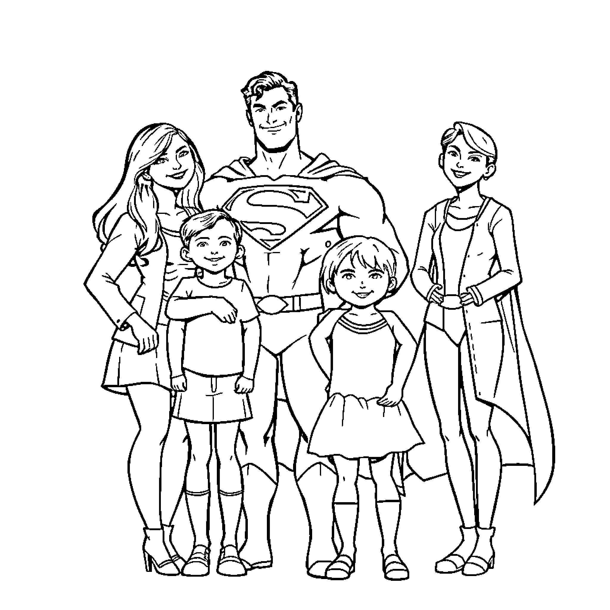 Superman with his super family in action poses Coloring Page (free black-and-white line drawing printable PDF for all, from beginners to advanced learners, including children, teens, adults, and seniors)