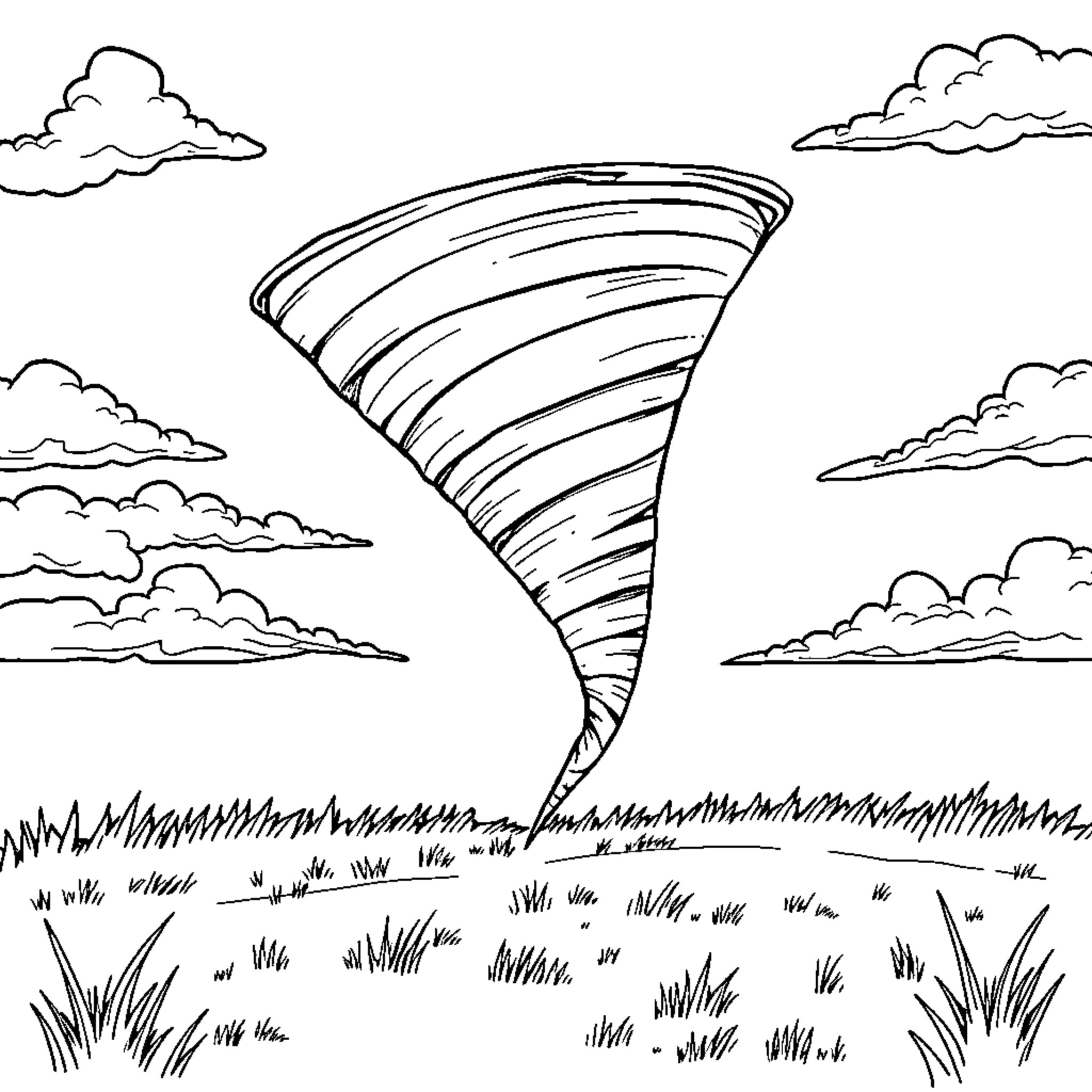 Tornado swirling through the cloudy sky Coloring Page (free black-and-white line drawing printable PDF for all, from beginners to advanced learners, including children, teens, adults, and seniors)