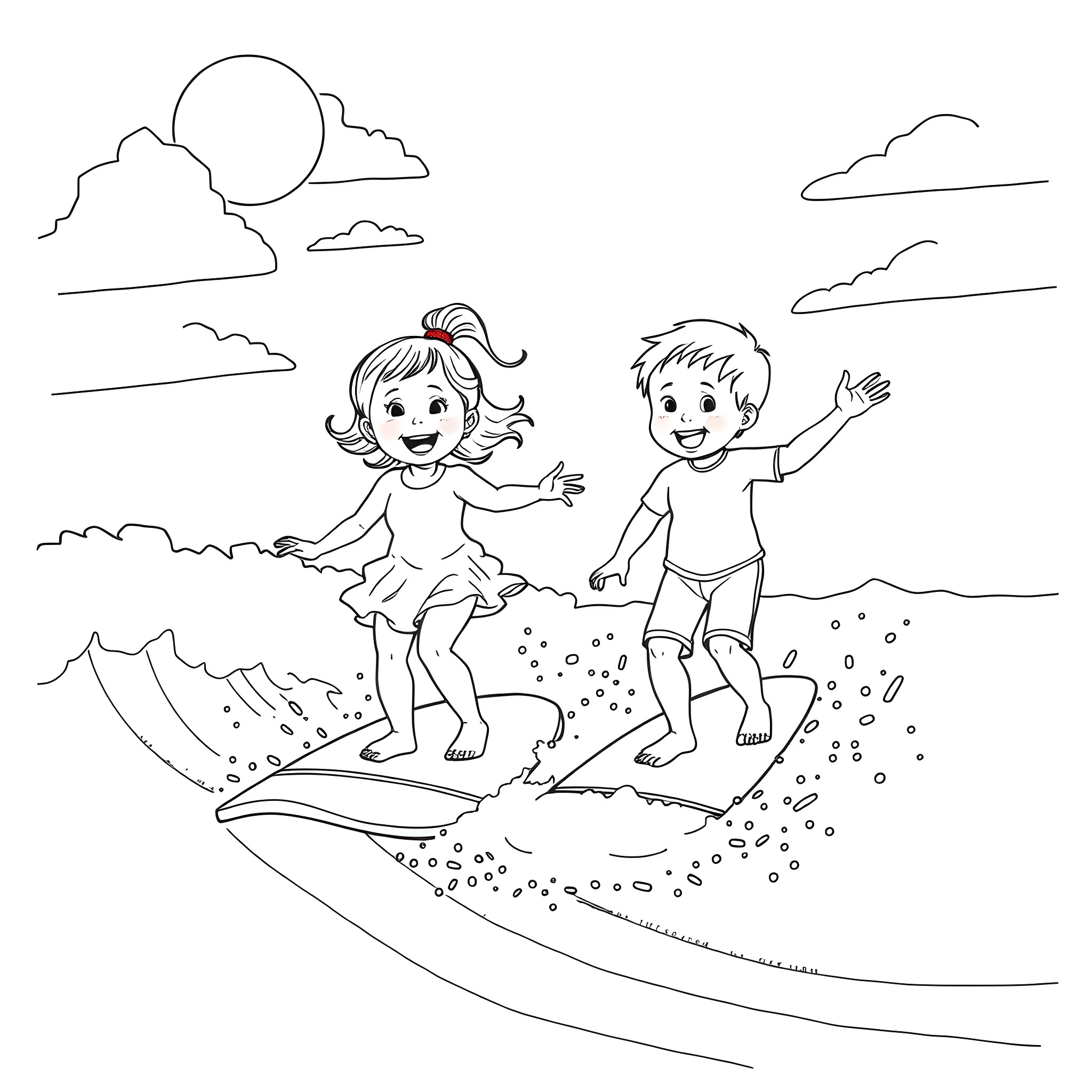 Sibling children playing joyfully on the beach Coloring Page (free black-and-white line drawing printable PDF for all, from beginners to advanced learners, including children, teens, adults, and seniors)