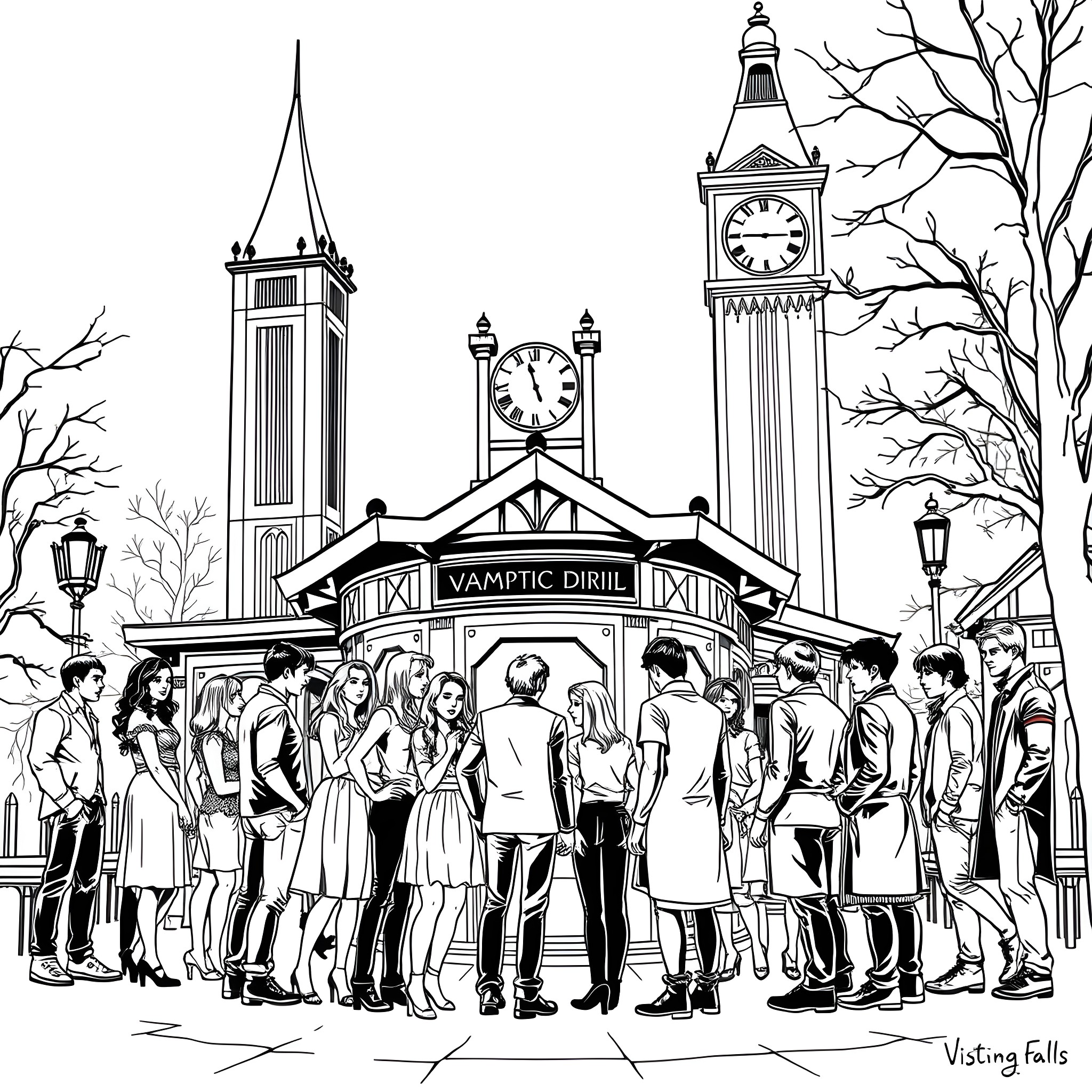 Vampire Diaries - Dramatic Gathering at Mystic Falls Coloring Page (free black-and-white line drawing printable PDF for all, from beginners to advanced learners, including children, teens, adults, and seniors)