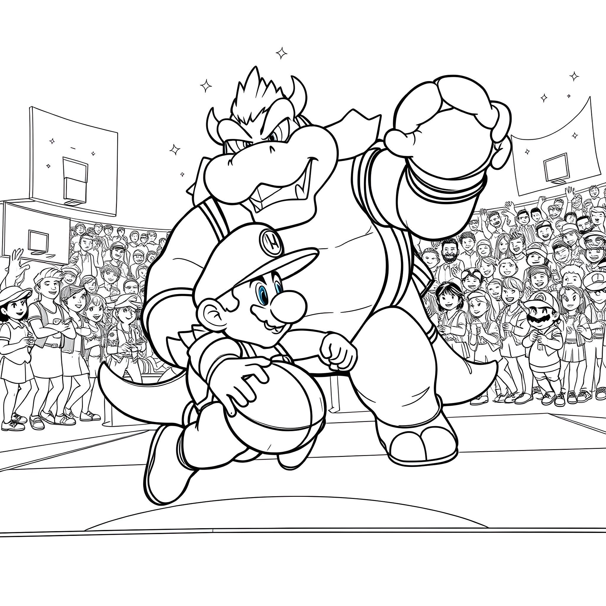 Mario and Bowser in a basketball court with spectators Coloring Page (free black-and-white line drawing printable PDF for all, from beginners to advanced learners, including children, teens, adults, and seniors)