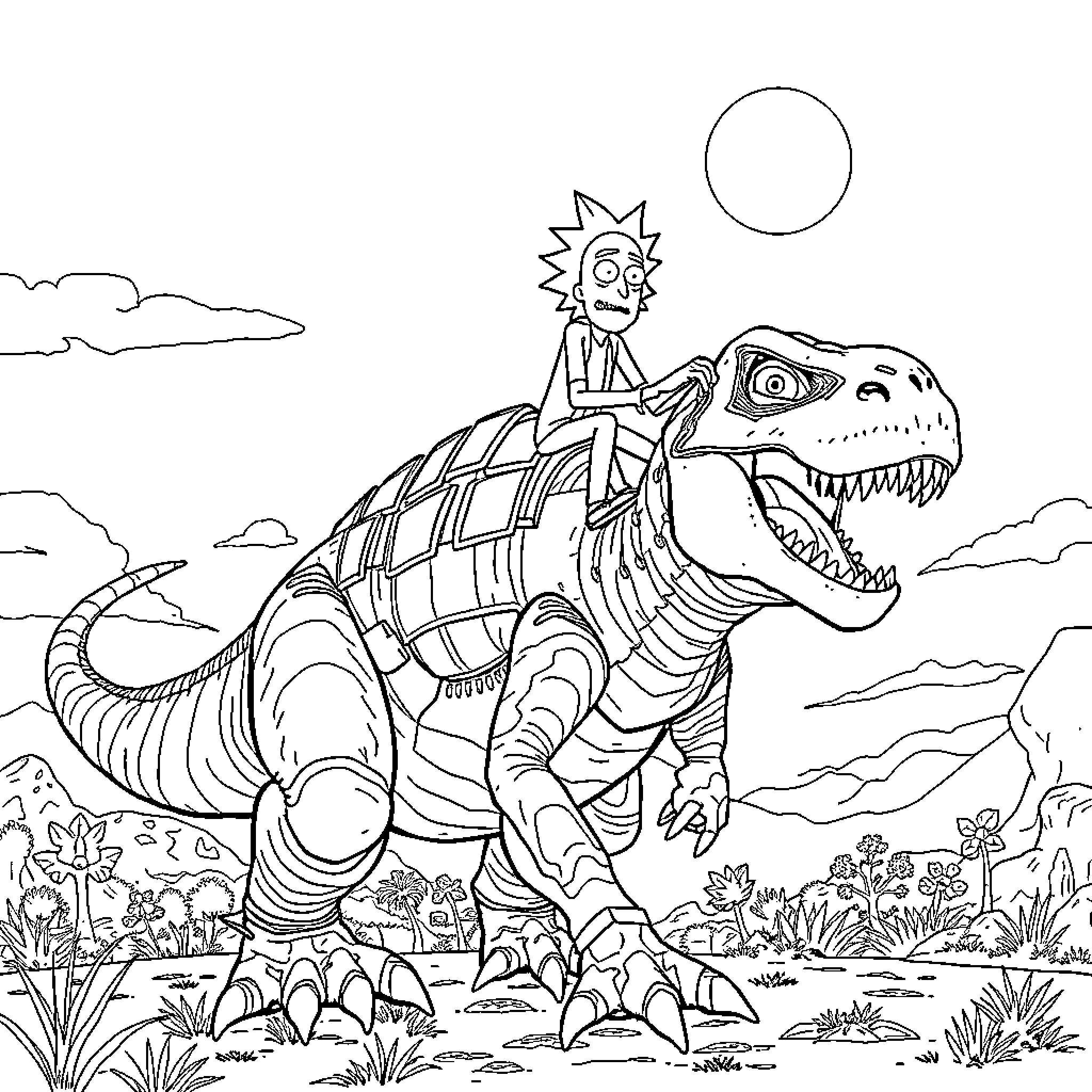 T-Rex and the Eccentric Rider Coloring Page (free black-and-white line drawing printable PDF for all, from beginners to advanced learners, including children, teens, adults, and seniors)