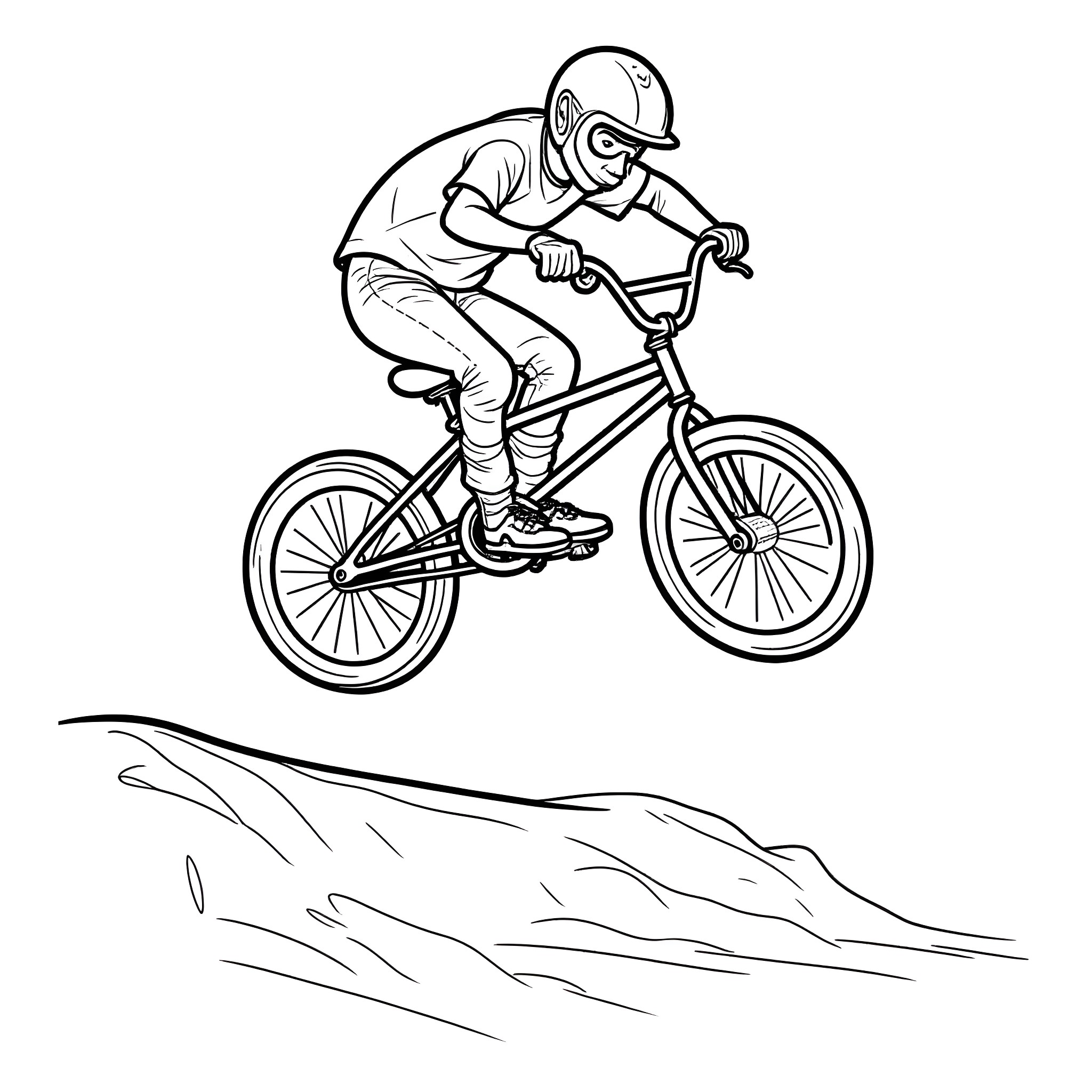BMX Bike Rider Performing Tricks on Rugged Terrain Coloring Page (free black-and-white line drawing printable PDF for all, from beginners to advanced learners, including children, teens, adults, and seniors)
