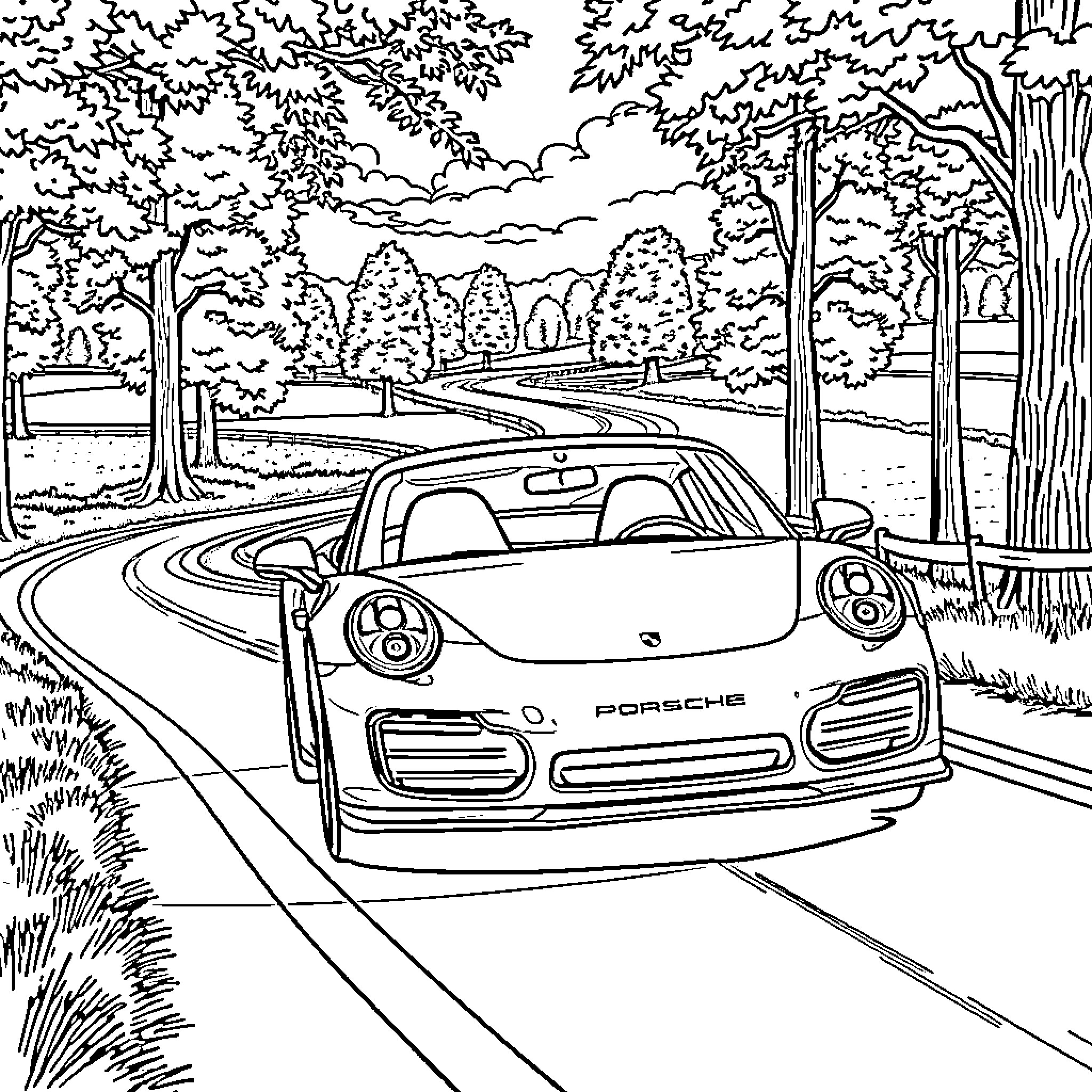 Porsche sports car driving through scenic forest landscape Coloring Page (free black-and-white line drawing printable PDF for all, from beginners to advanced learners, including children, teens, adults, and seniors)