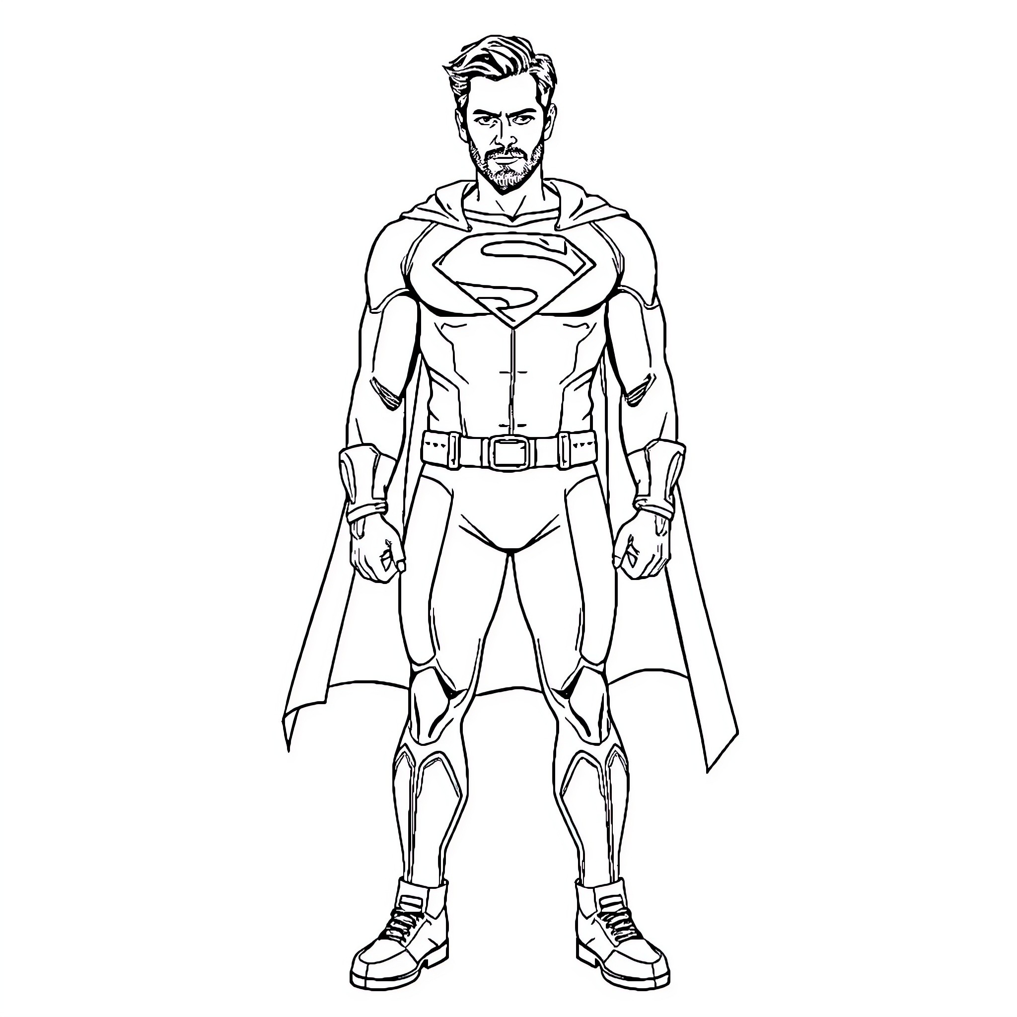 Henry Cavill as Superman in action pose Coloring Page (free black-and-white line drawing printable PDF for all, from beginners to advanced learners, including children, teens, adults, and seniors)