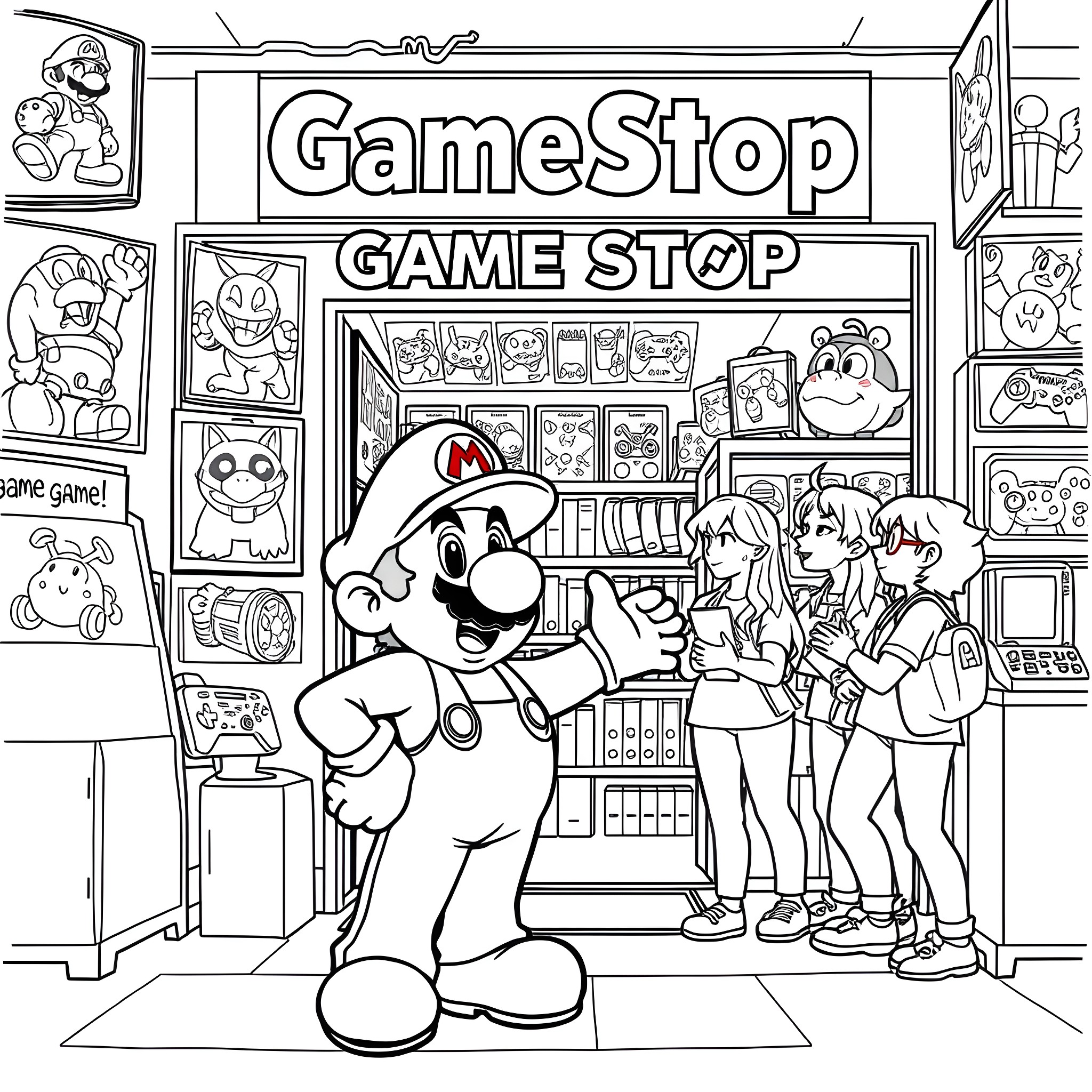 Mario at the GameStop gaming store Coloring Page (free black-and-white line drawing printable PDF for all, from beginners to advanced learners, including children, teens, adults, and seniors)