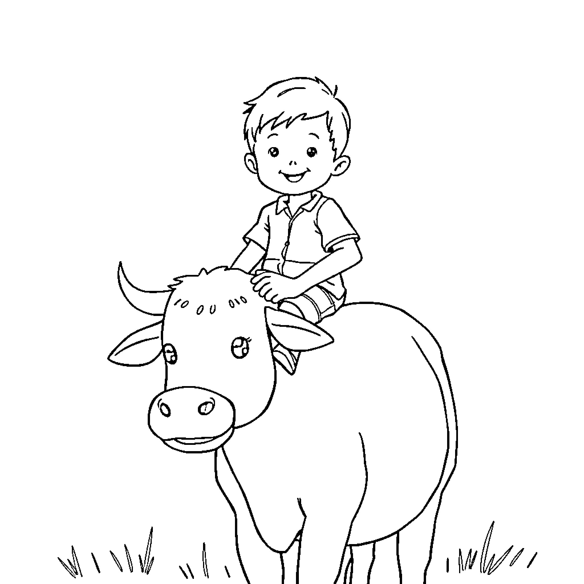 Boy riding a playful cow in a field Coloring Page (free black-and-white line drawing printable PDF for all, from beginners to advanced learners, including children, teens, adults, and seniors)
