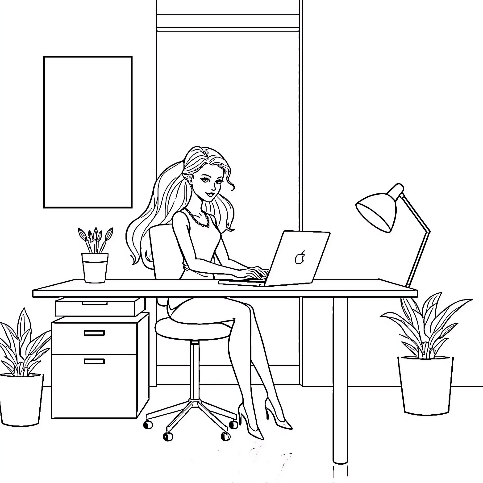 Barbie's Productive Home Office Coloring Page (free black-and-white line drawing printable PDF for all, from beginners to advanced learners, including children, teens, adults, and seniors)