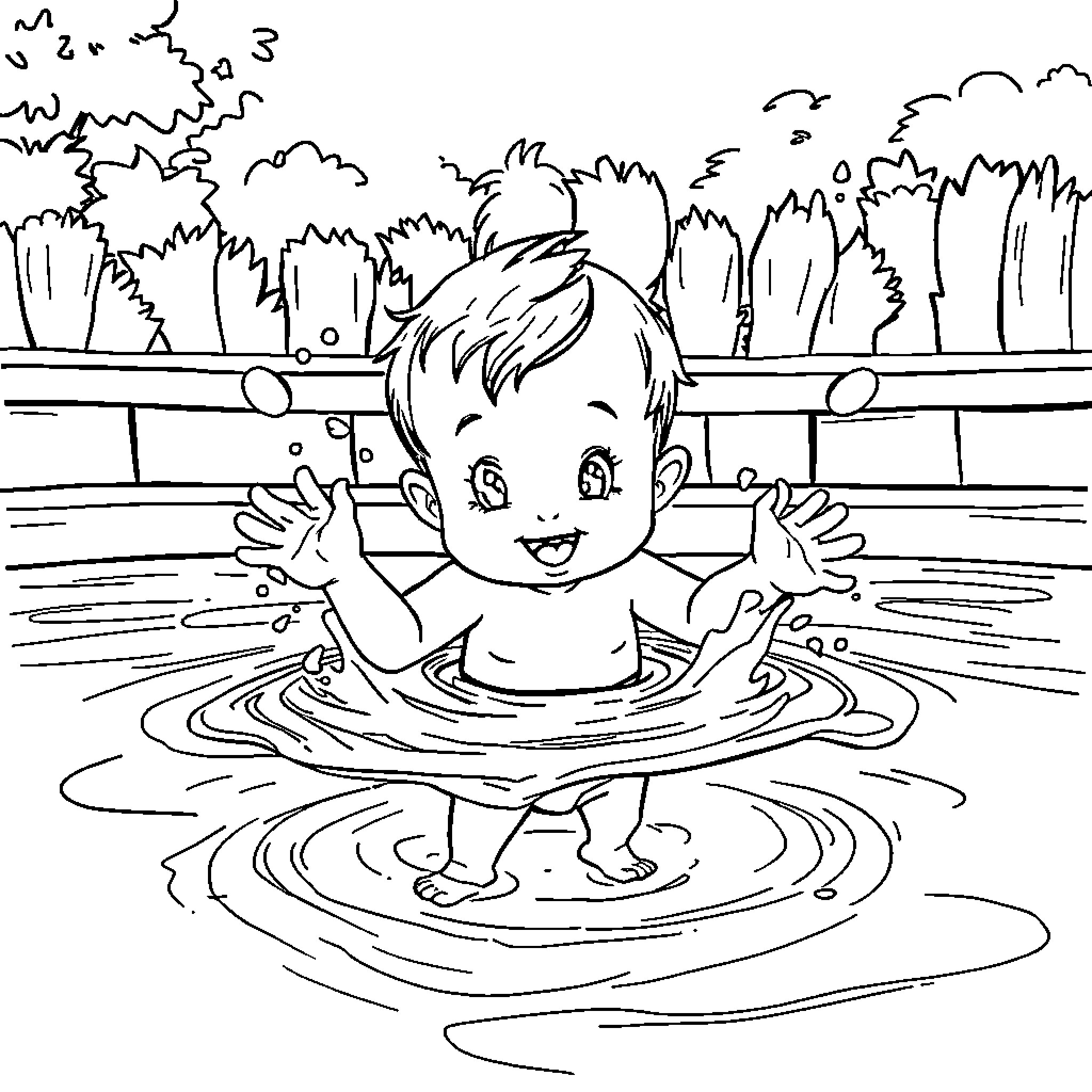 Bebe Louis splashing happily in a small pool Coloring Page (free black-and-white line drawing printable PDF for all, from beginners to advanced learners, including children, teens, adults, and seniors)