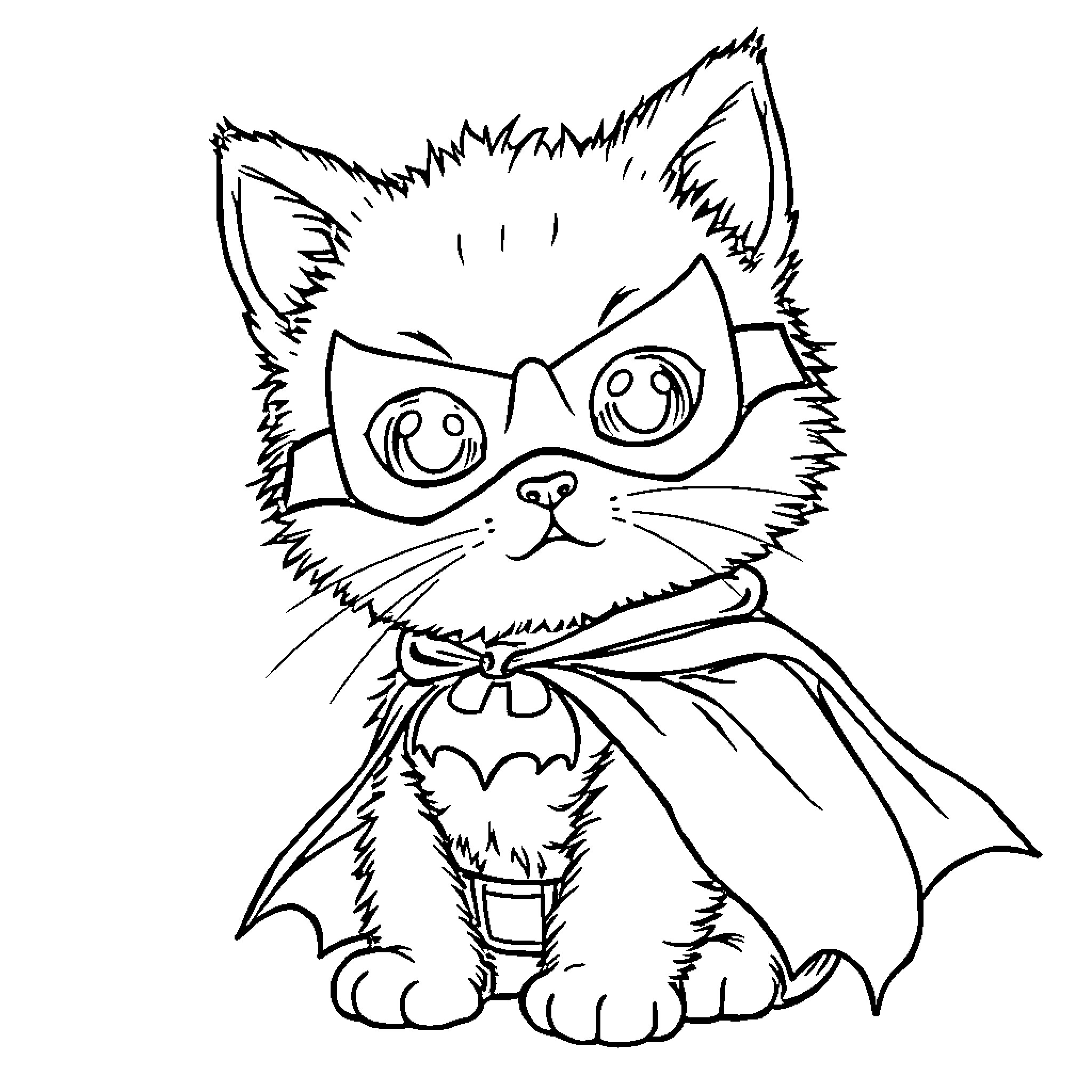 Kitten dressed in superhero costume Coloring Page (free black-and-white line drawing printable PDF for all, from beginners to advanced learners, including children, teens, adults, and seniors)