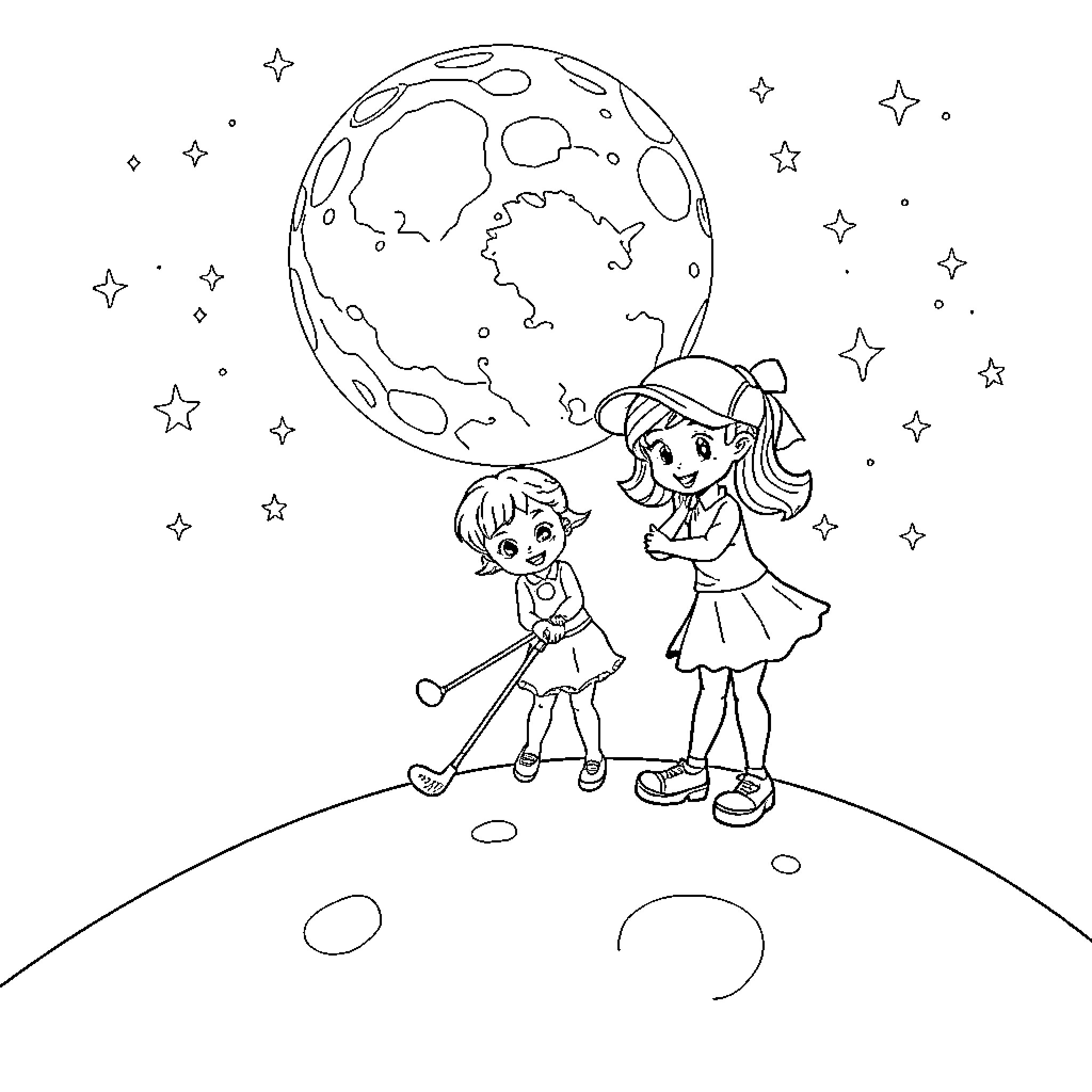 Gabby Dollhouse: Two friends exploring the galaxy Coloring Page (free black-and-white line drawing printable PDF for all, from beginners to advanced learners, including children, teens, adults, and seniors)