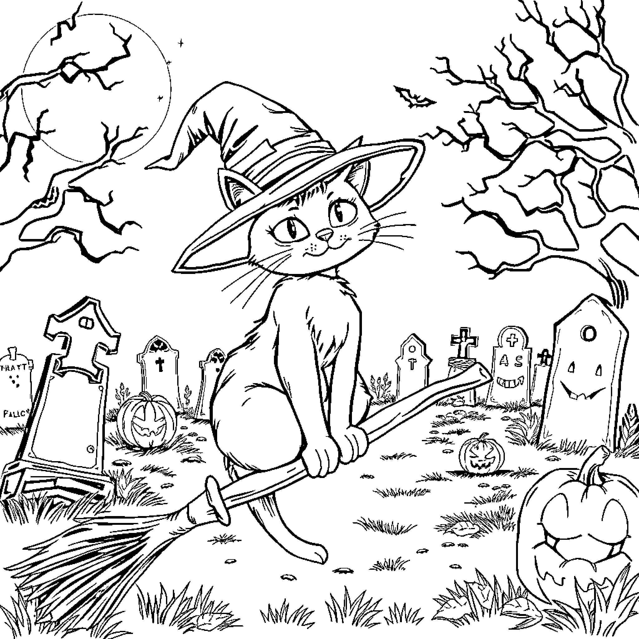 Cat in Spooky Halloween Scene Coloring Page (free black-and-white line drawing printable PDF for all, from beginners to advanced learners, including children, teens, adults, and seniors)